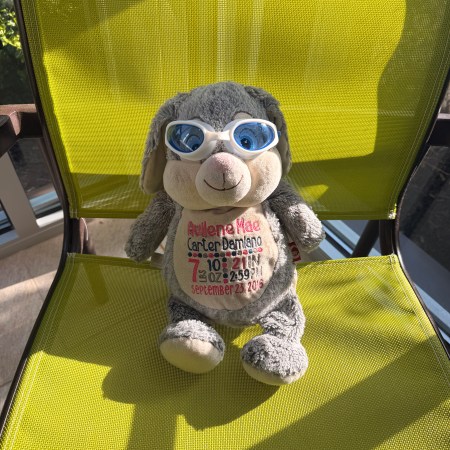 Bun Bun wearing tiny swim goggles relaxing by the indoor pool at Springhill Suites Lenexa Kansas during her extended hotel stay.