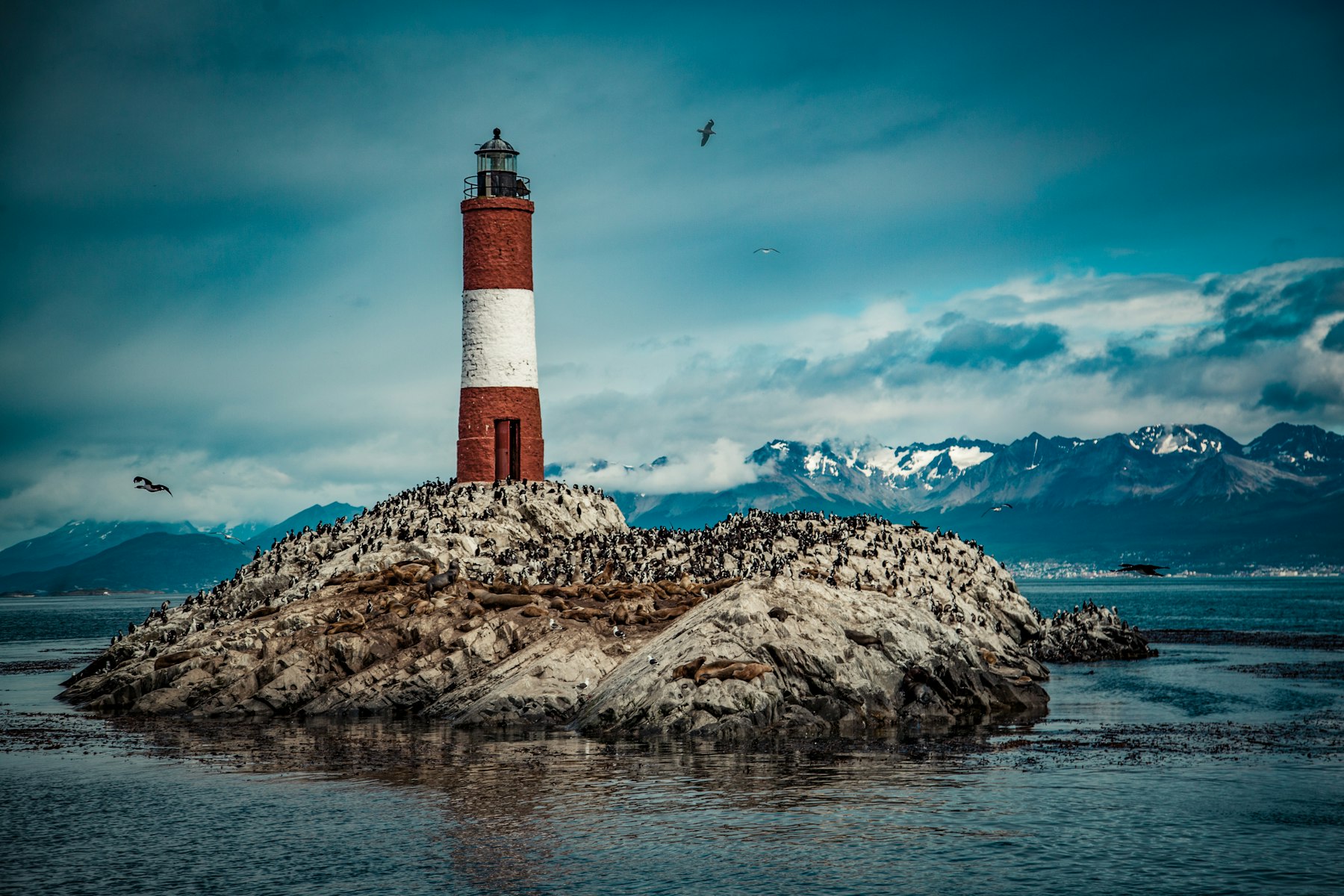 The Les Eclaireurs lighthouse on a rock in the Beagle Channel near Ushuaia