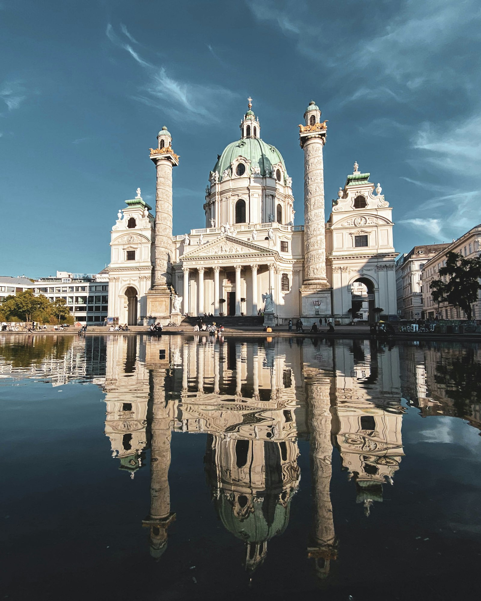The domed Karlskirche in Vienna mirrored in the still pool in front of it