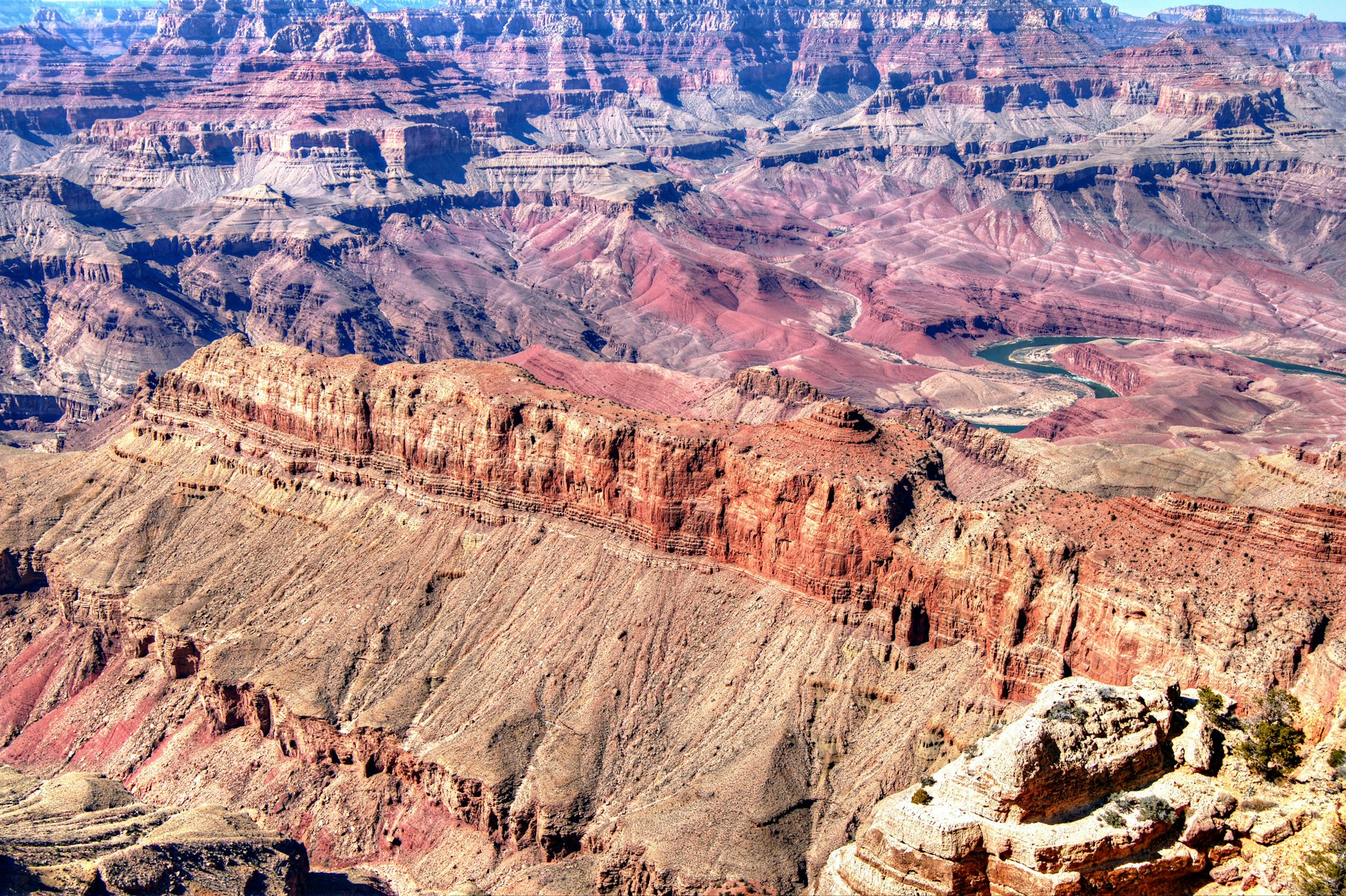 The banded rock layers of the Grand Canyon seen from the South Rim