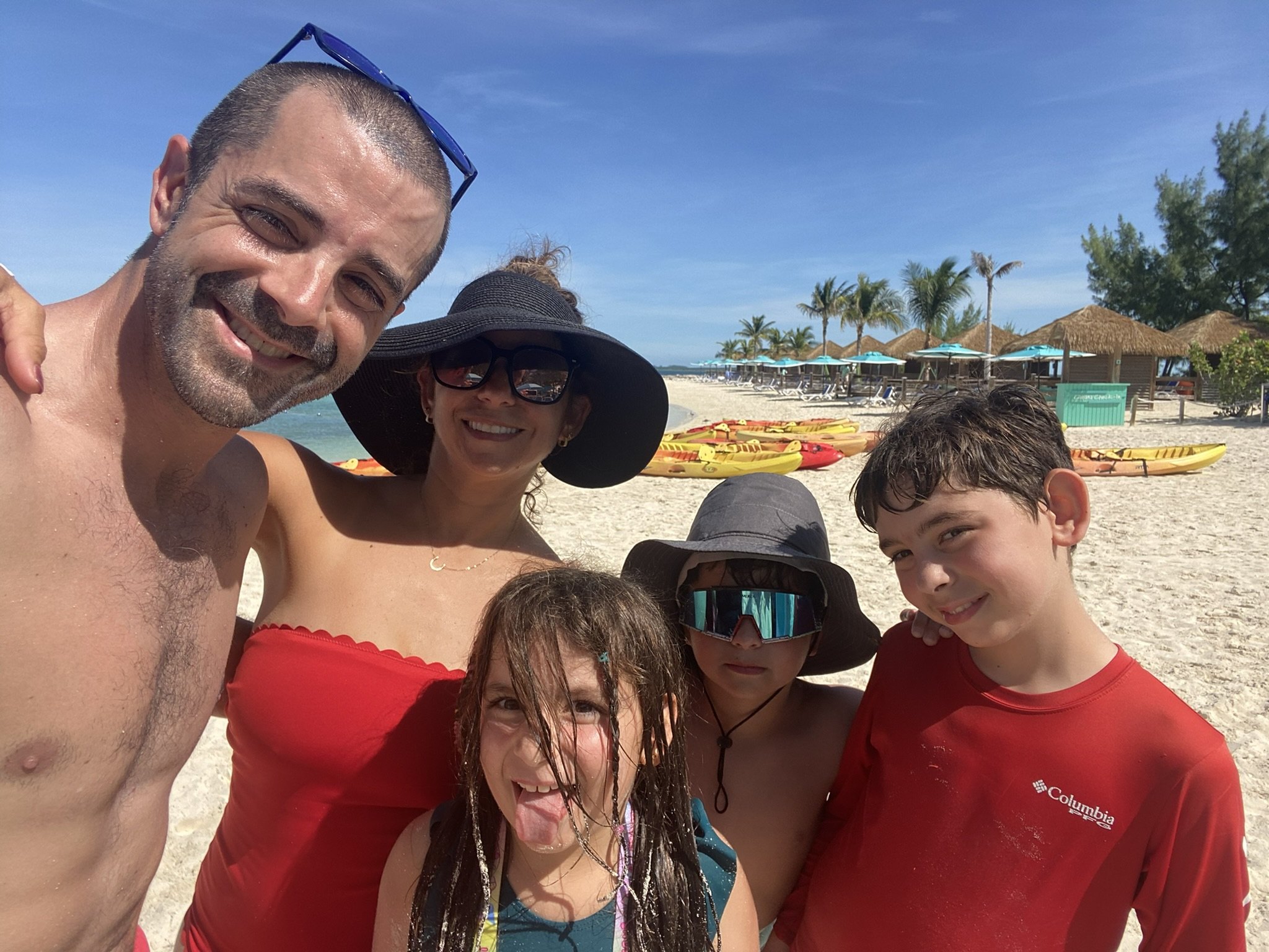 The Damiano family on the beach at CocoCay in the Bahamas in September 2024