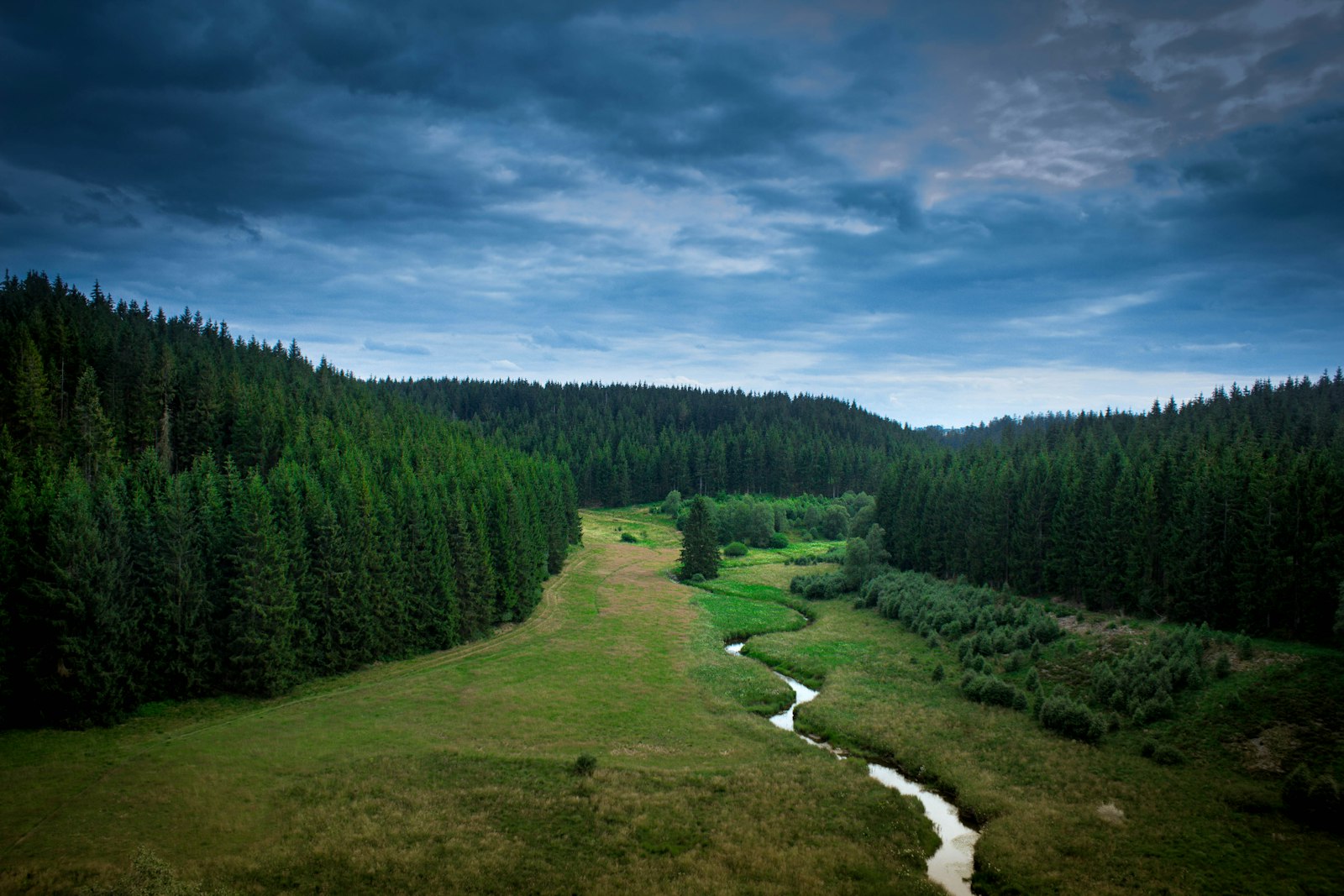 A green river valley winding between forested hills in the Belgian Ardennes