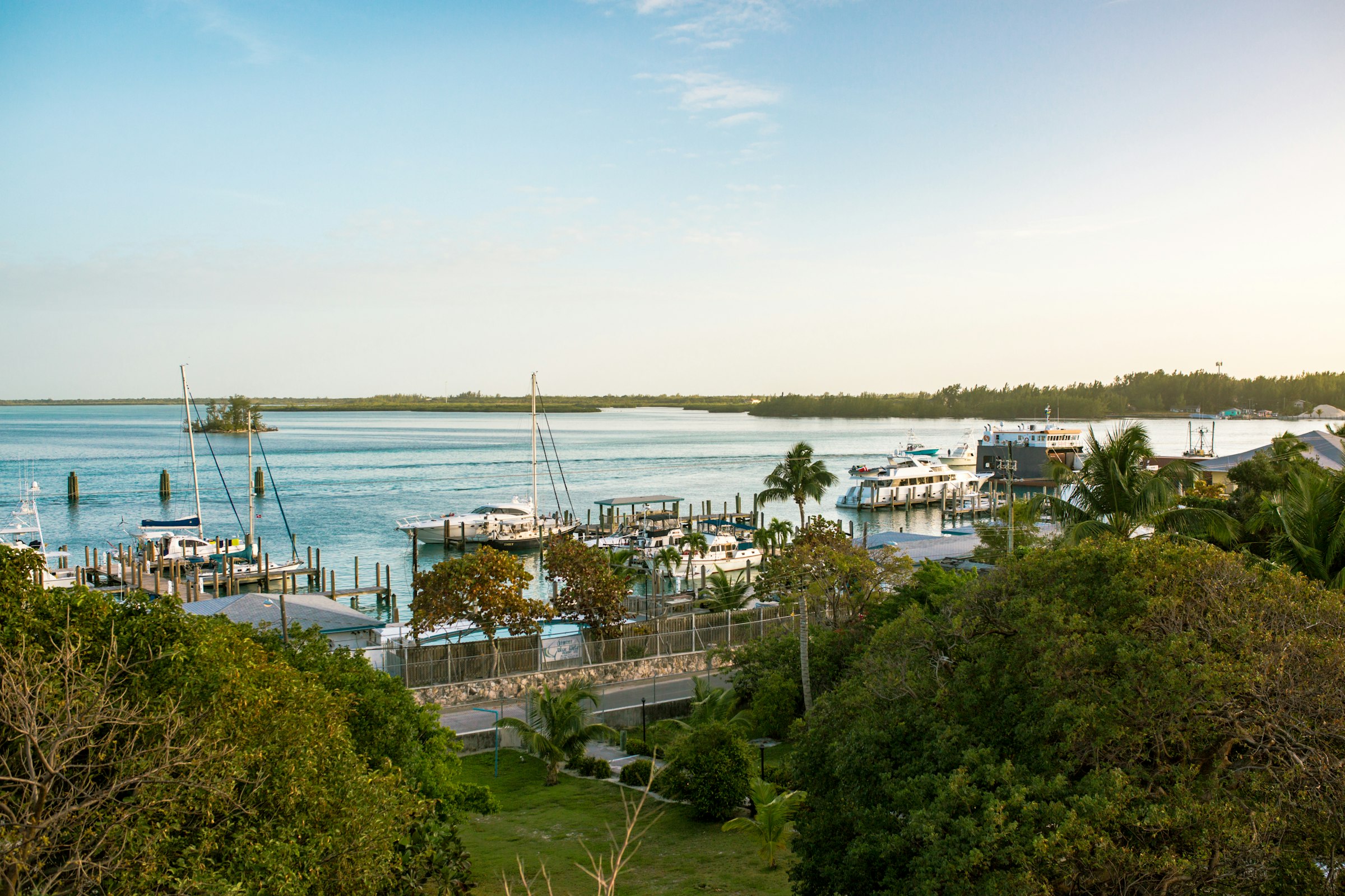 Low painted concrete buildings on the waterfront at Bimini