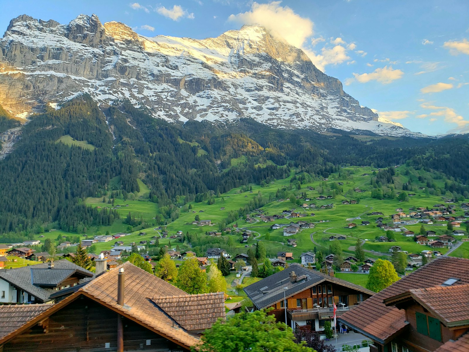 Green meadows and chalets below the north face of the Eiger at Grindelwald