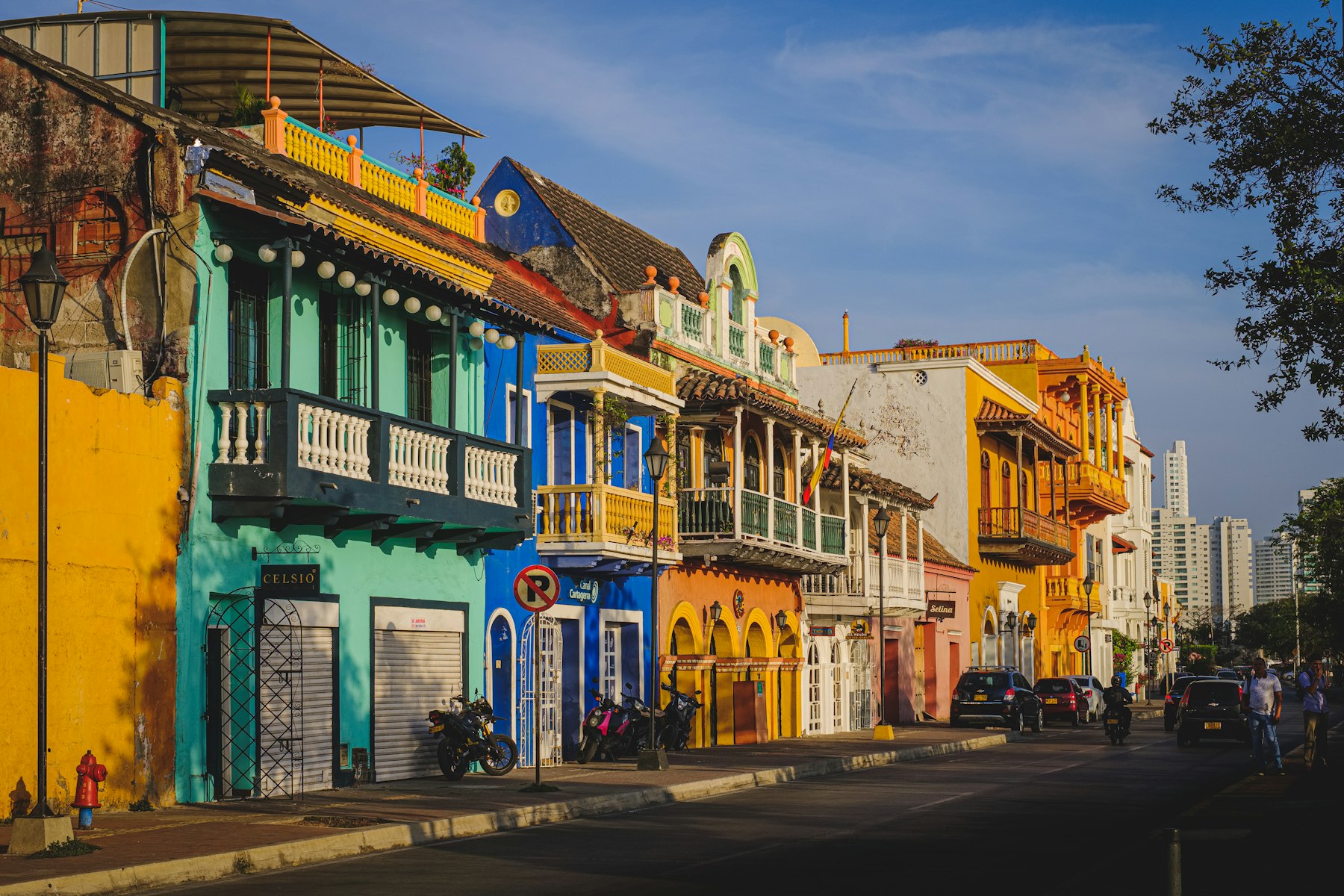Colourful colonial buildings with wooden balconies in the walled city of Cartagena