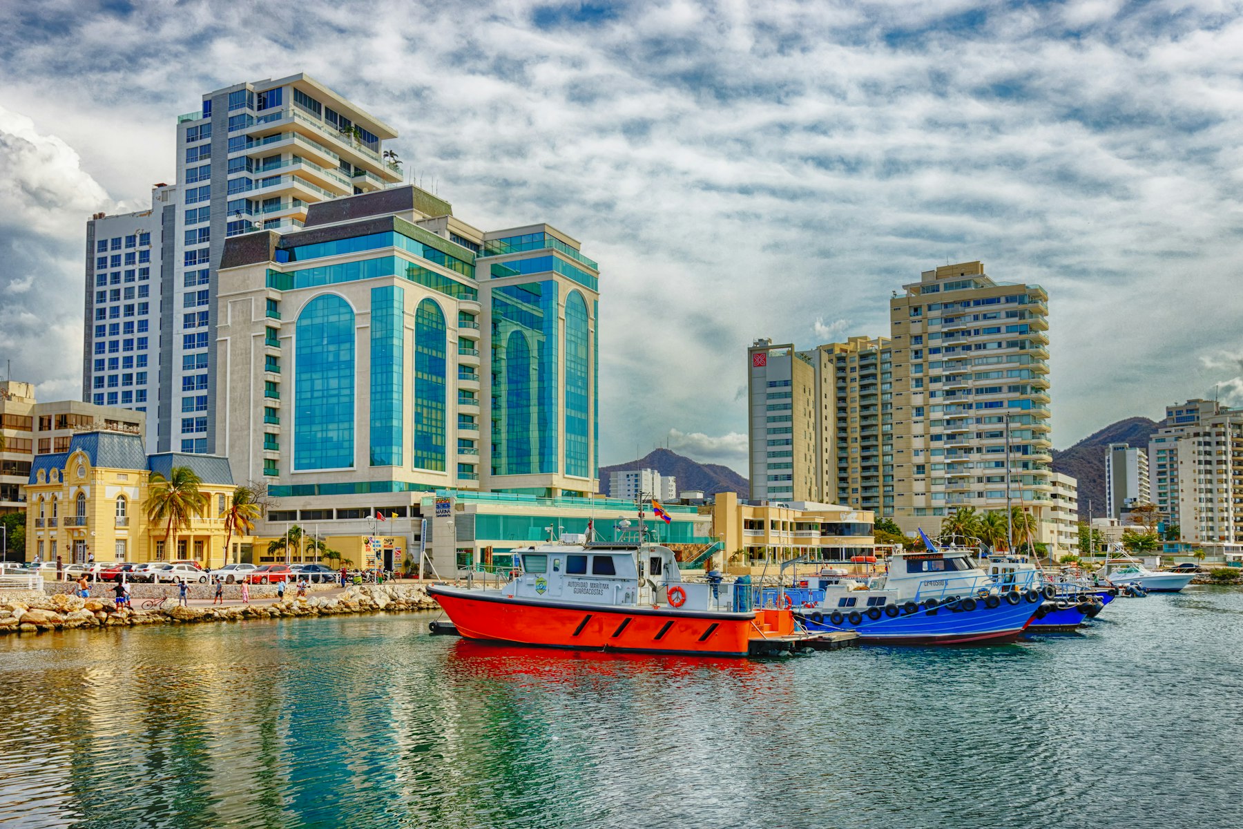 The marina and waterfront buildings of Santa Marta Colombia