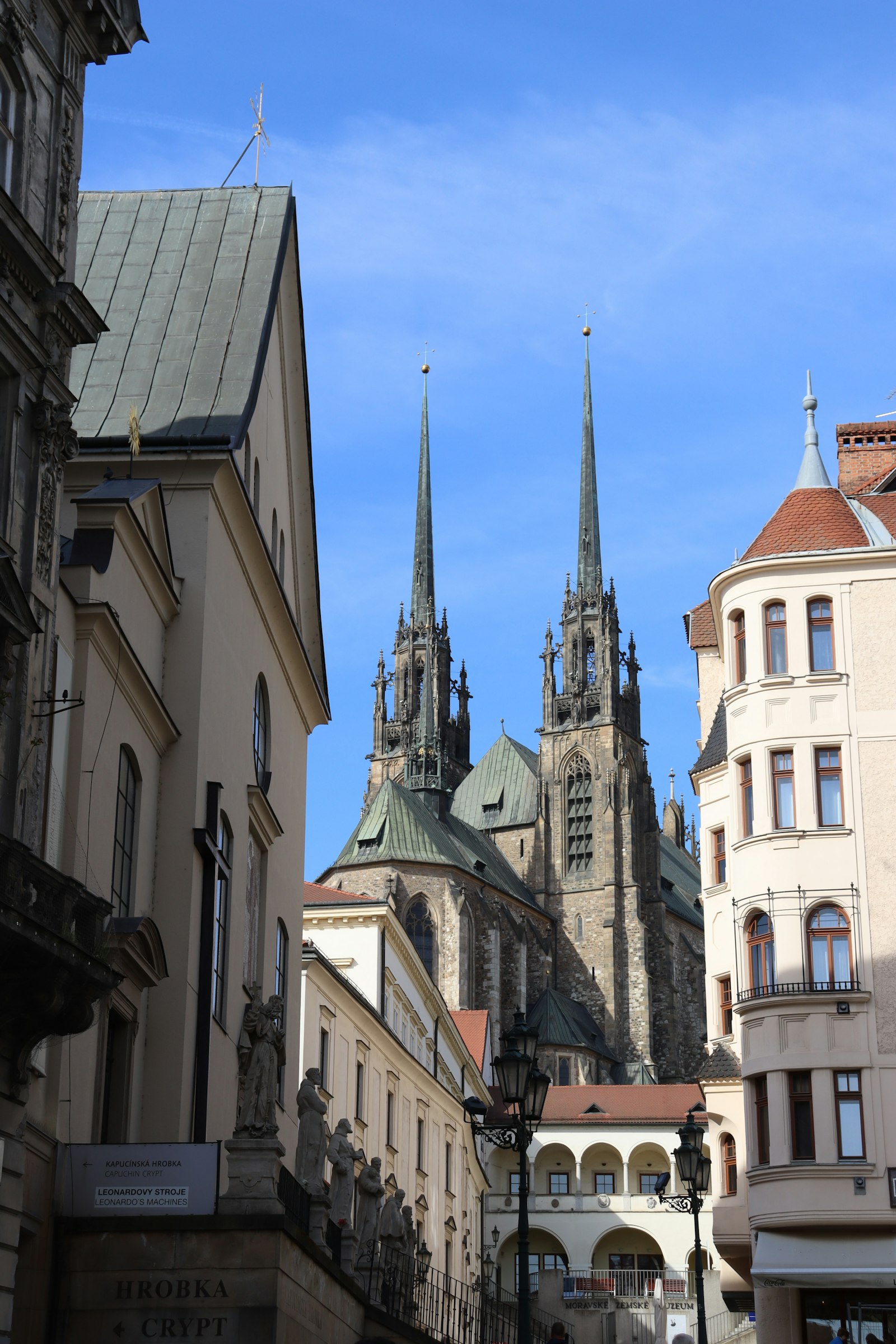 The gothic spires of Petrov cathedral rising over the old town in Brno