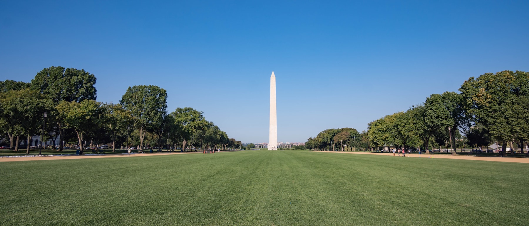 The Washington Monument seen straight down the open lawn of the National Mall on a clear day