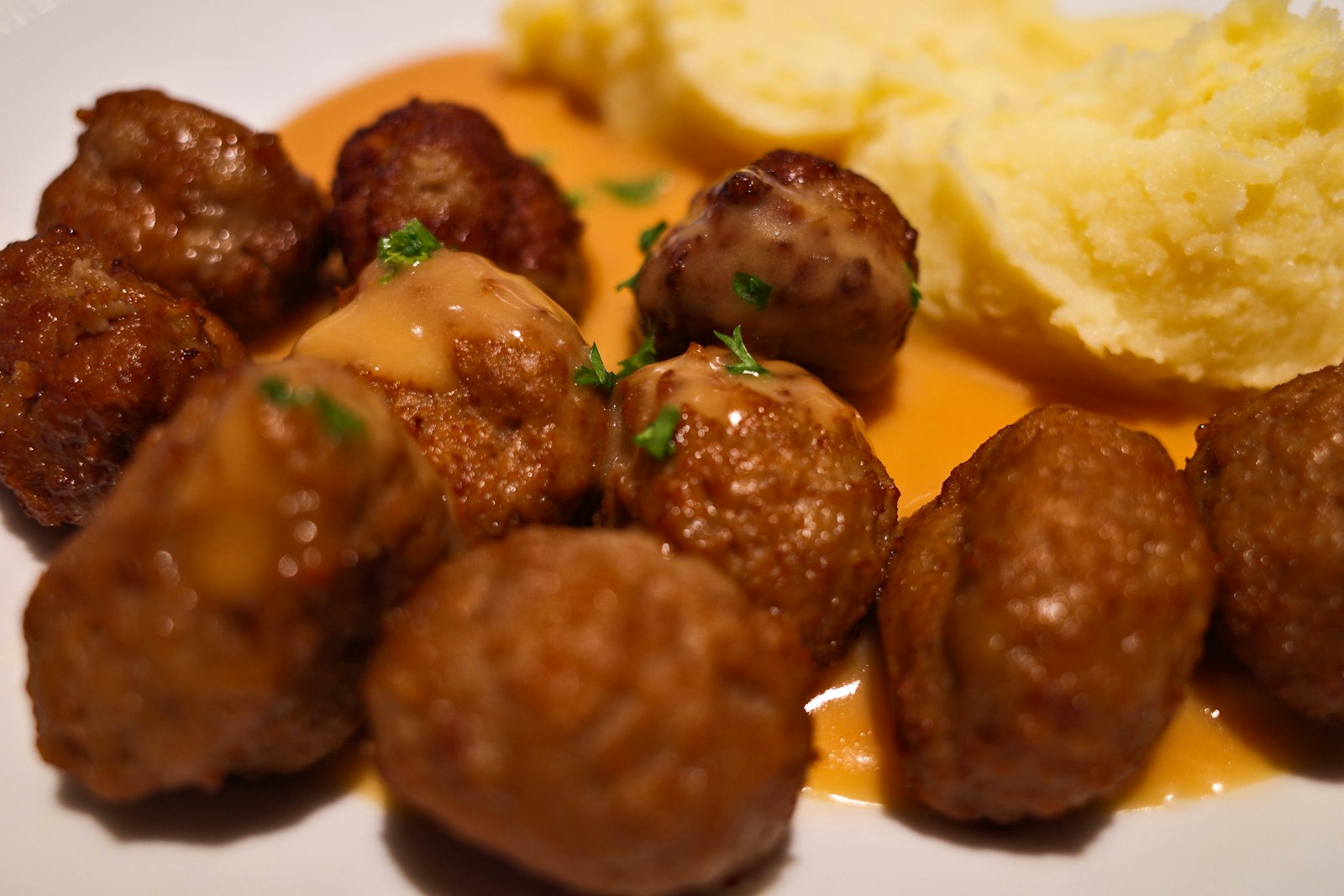 Danish frikadeller meatballs with gravy and mashed potato