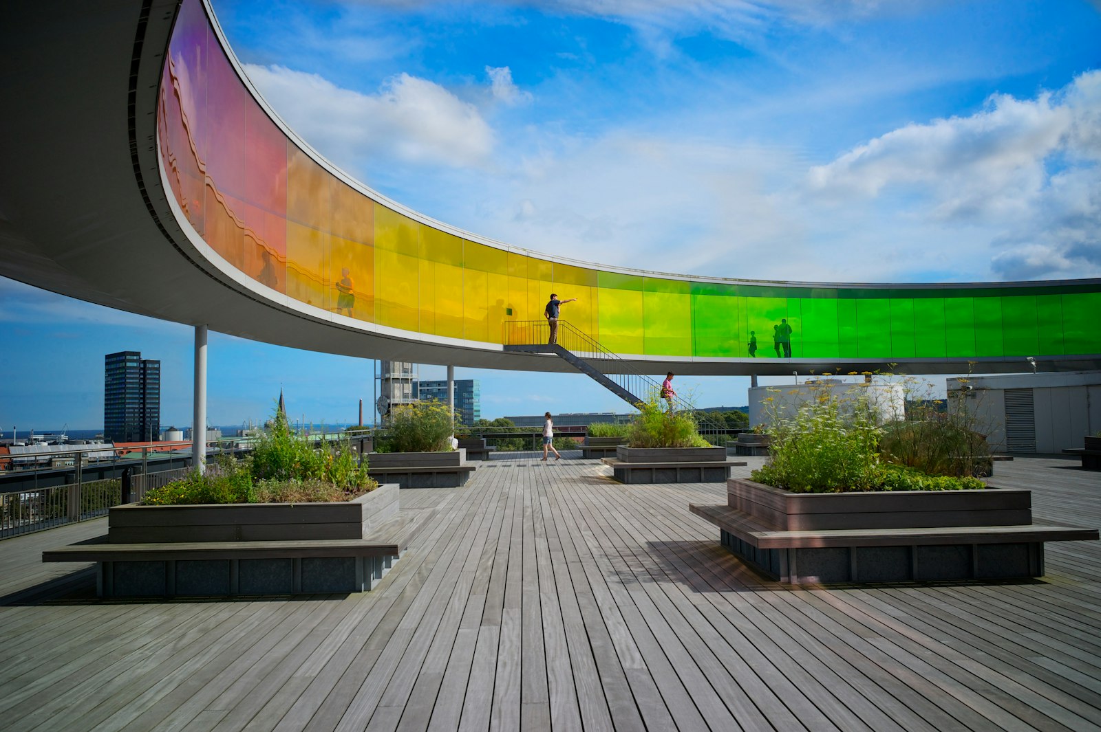 The circular rainbow walkway on the roof of the ARoS art museum in Aarhus