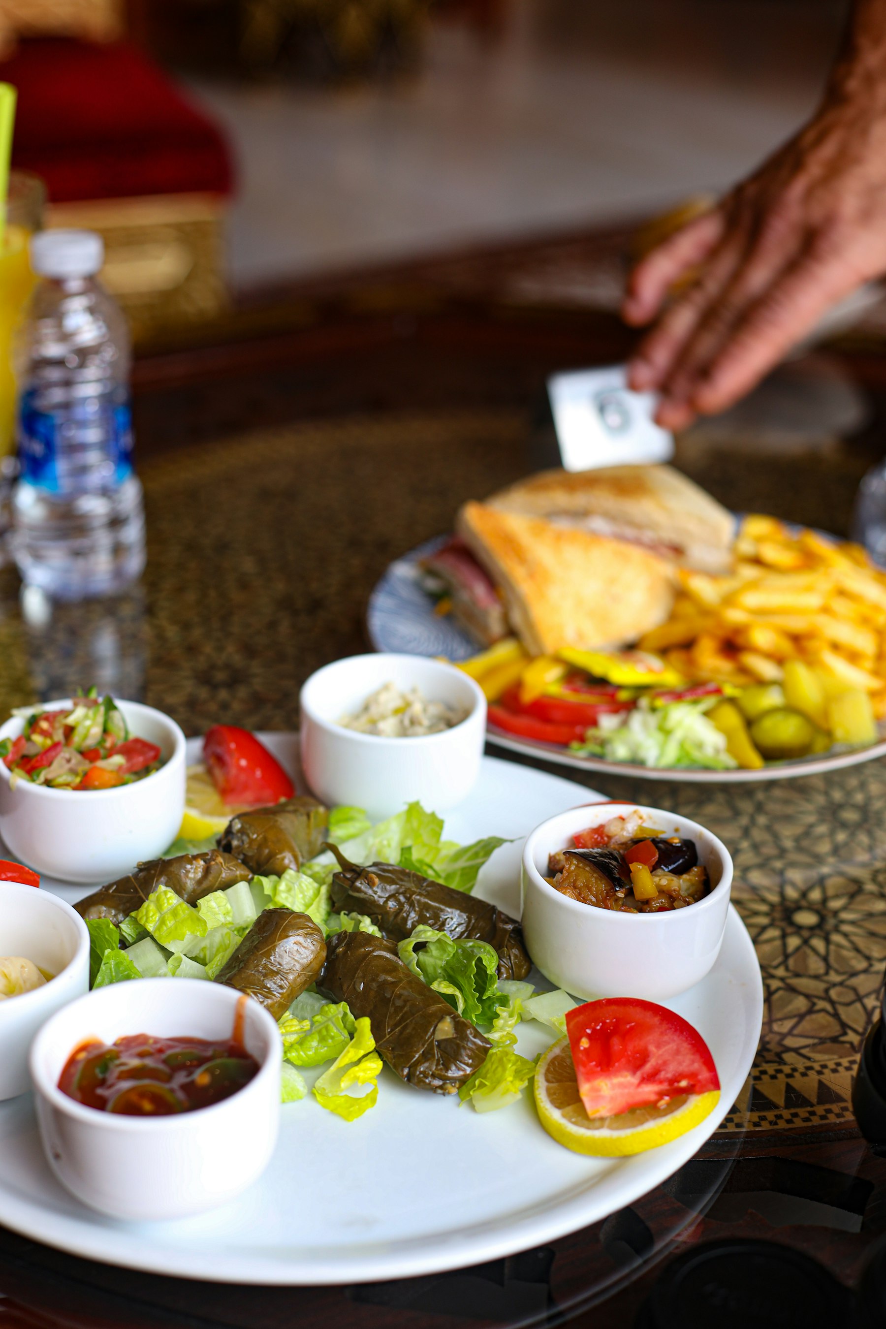 A spread of Middle Eastern dishes including stuffed grape leaves known as mahshi