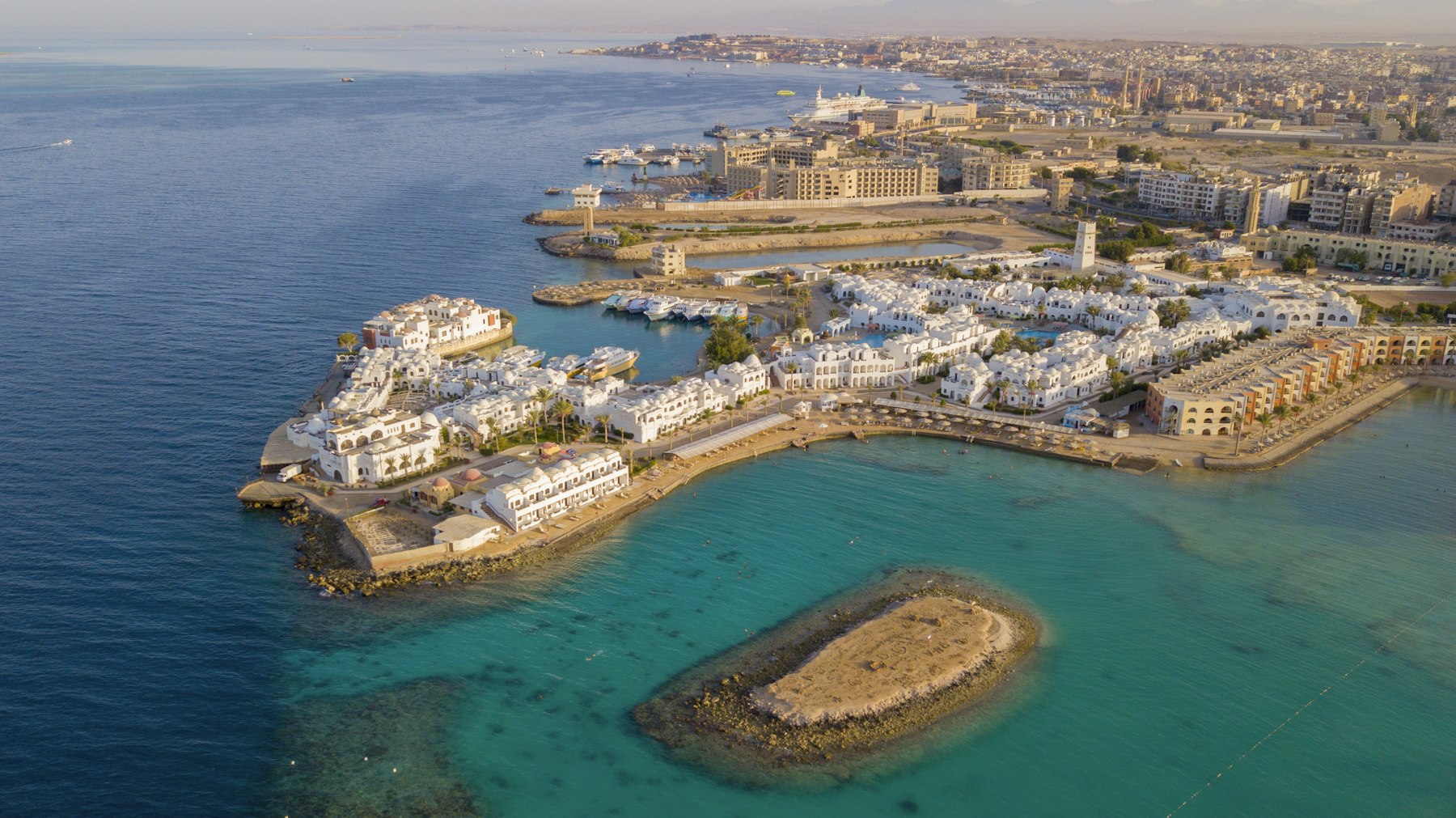 An aerial view of the turquoise Red Sea coast at Hurghada Egypt