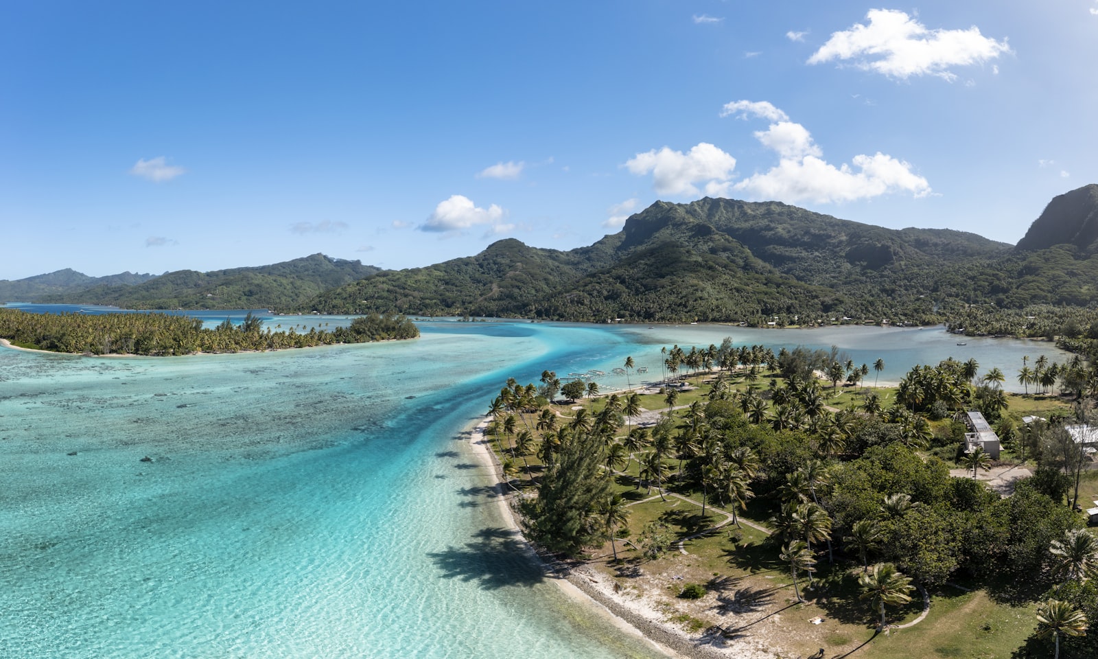 An aerial view of the island of Huahine and its lagoon