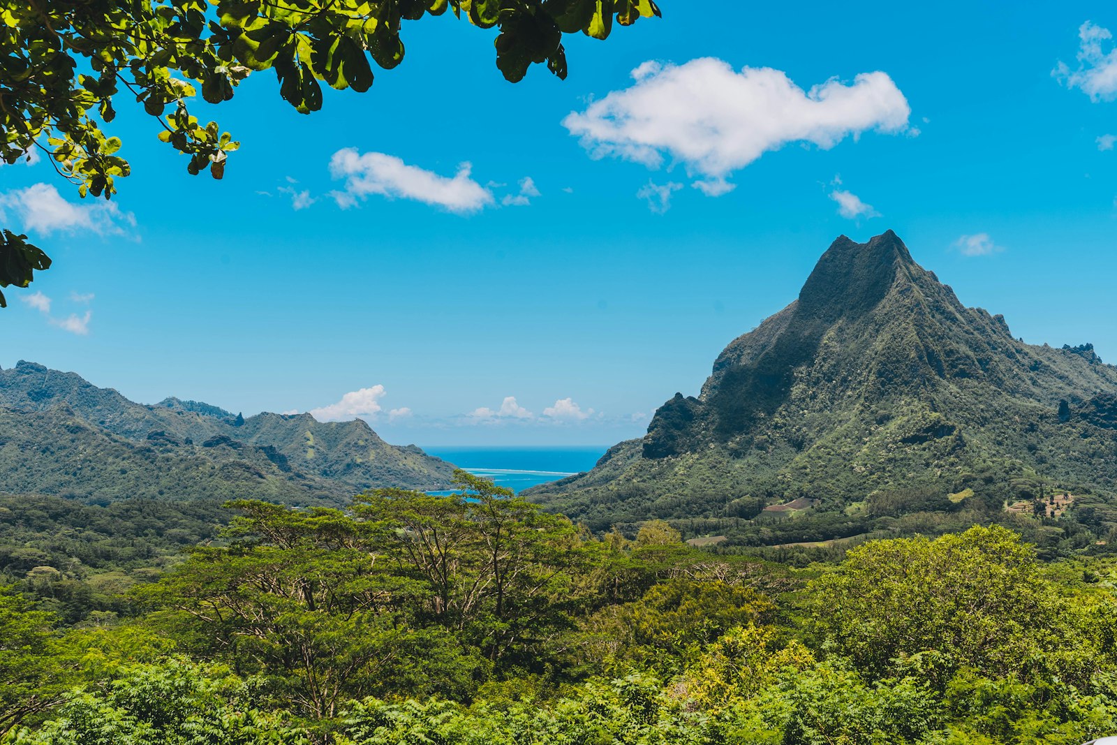 Green mountain ridges above the bays of Moorea in French Polynesia