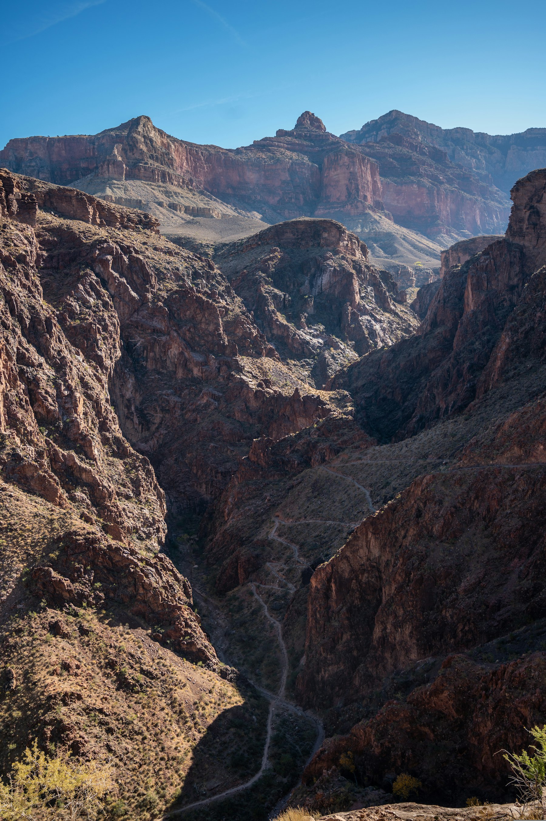 The rugged inner gorge of the Grand Canyon with a trail threading through it
