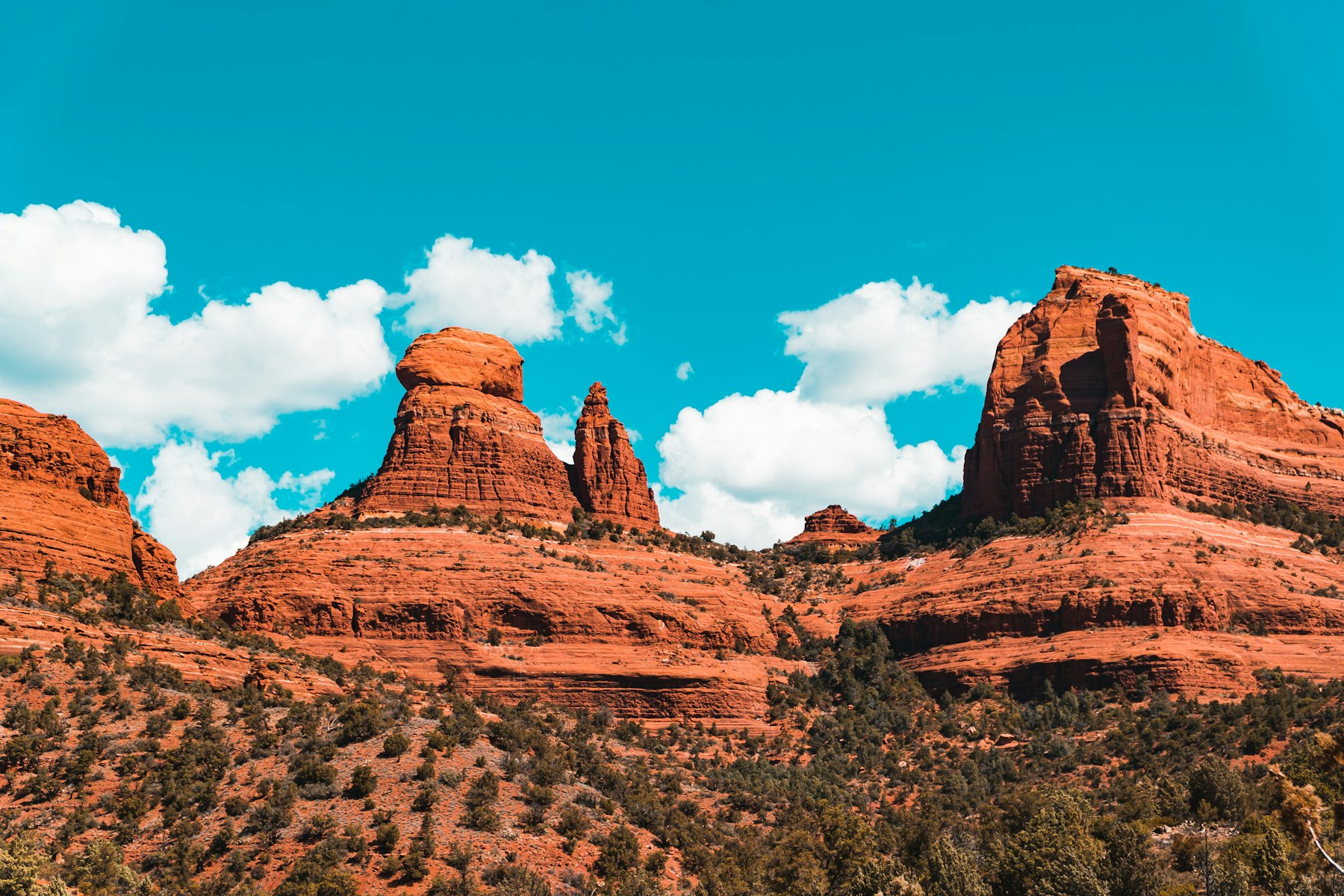 Red rock formations under a blue sky in Sedona Arizona