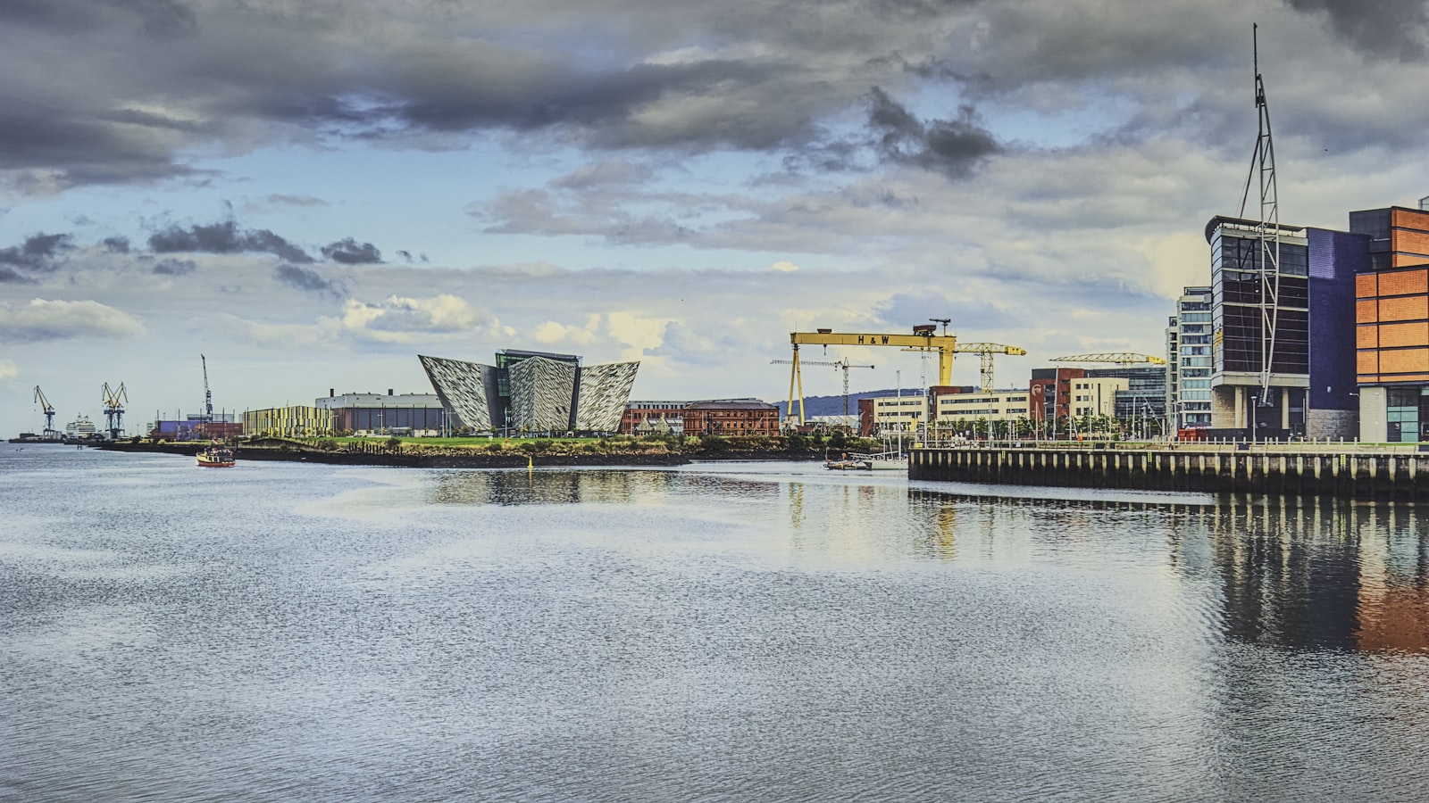 The Belfast waterfront with the old shipyard cranes standing over the harbour