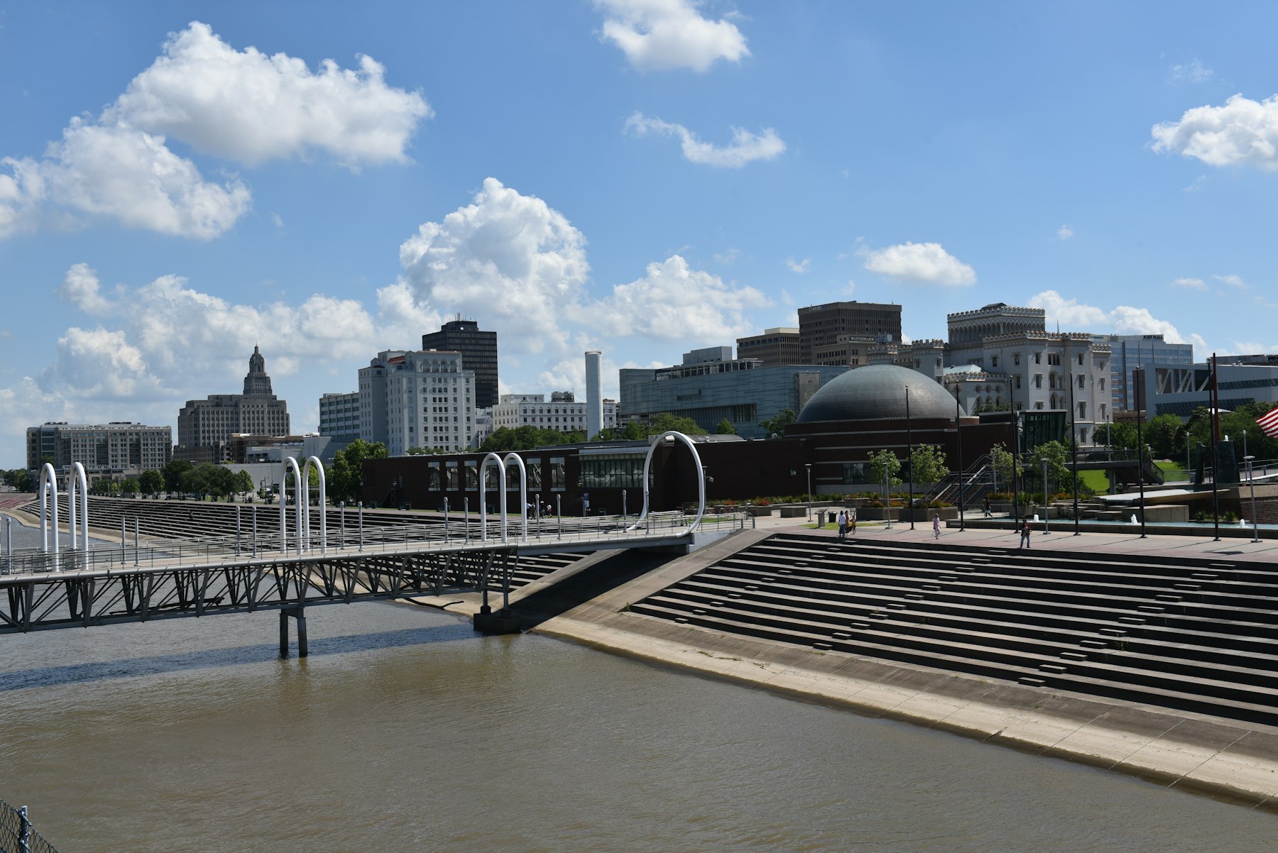 The Baton Rouge Louisiana riverfront and downtown skyline seen across the Mississippi River