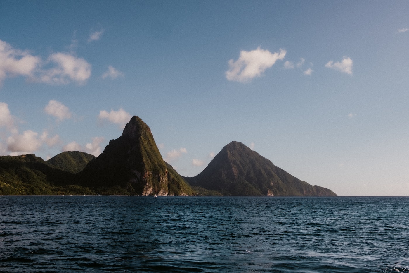 The two Pitons seen from the sea off the south west coast of Saint Lucia