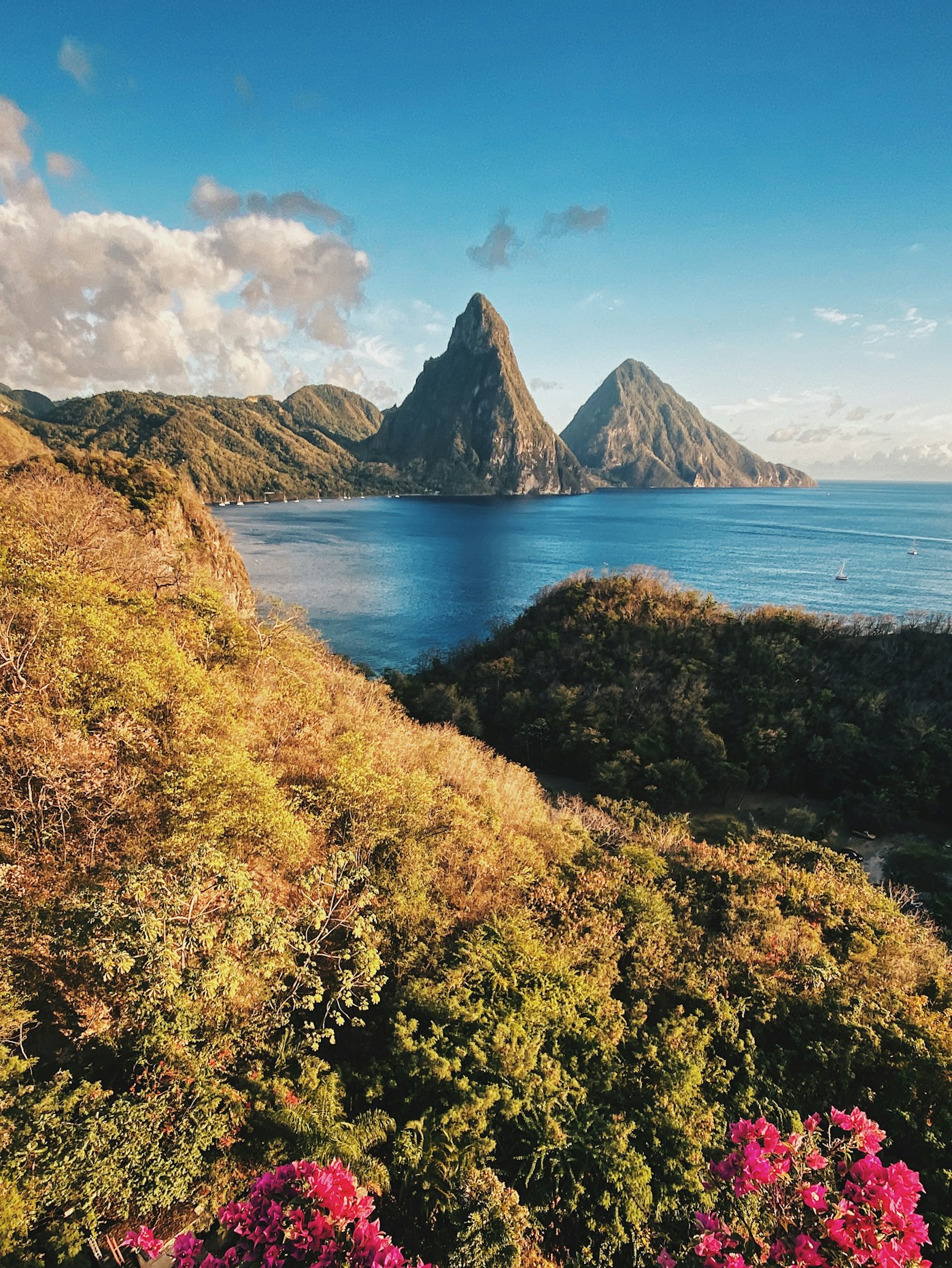 The dry volcanic hillside above the sea between the Pitons in the Soufriere volcanic area of Saint Lucia