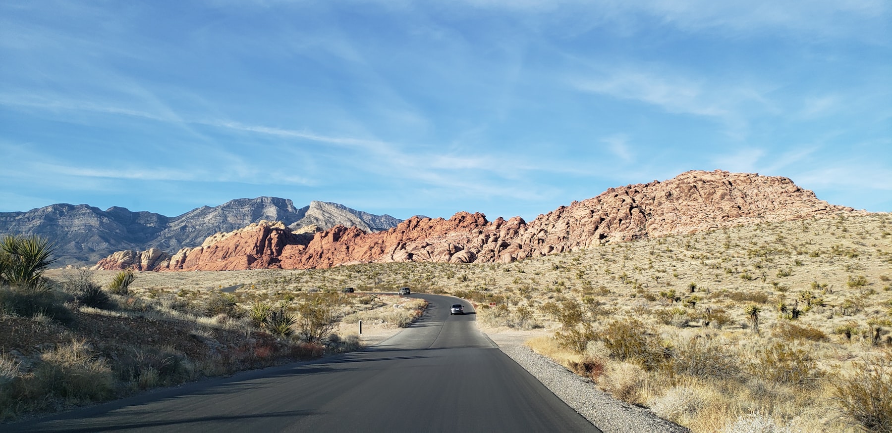 The scenic loop road curving between red rock formations at Red Rock Canyon