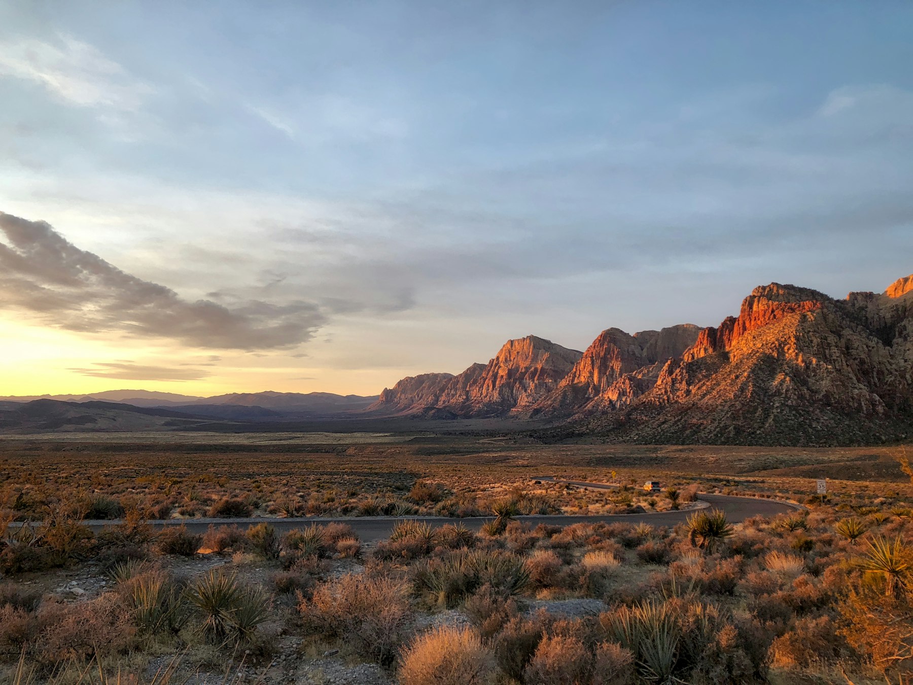 The red sandstone escarpment of Red Rock Canyon west of Las Vegas at sunrise