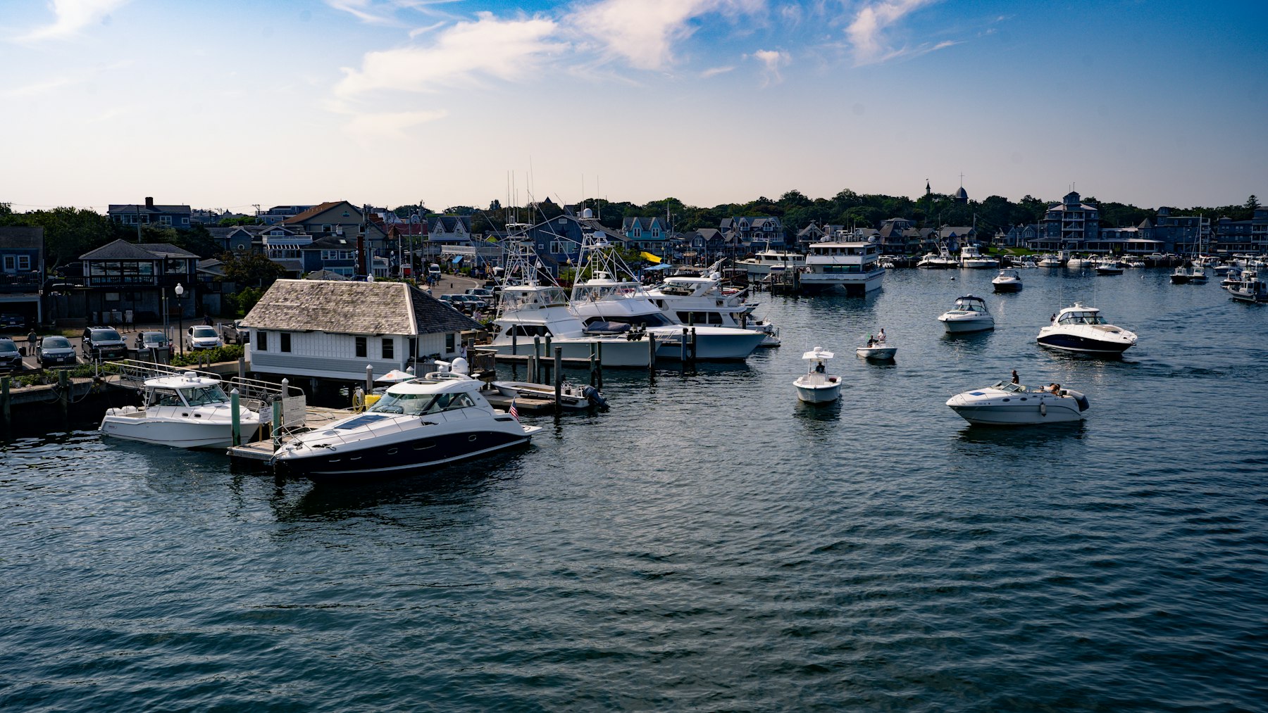 A New England island harbour full of moored white boats with shingled houses along the shore