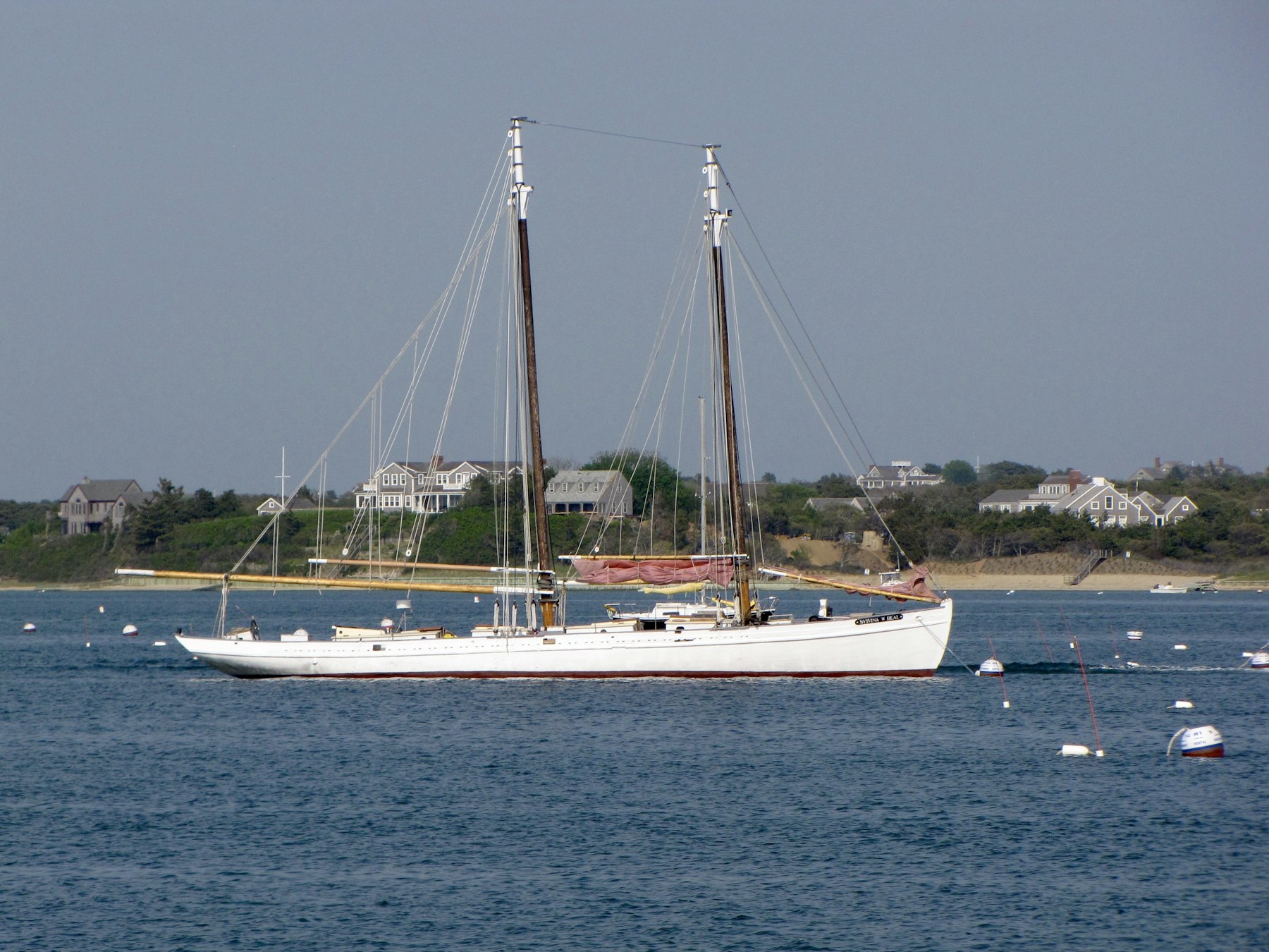 A white two masted windjammer schooner under sail on calm blue water off the Maine coast