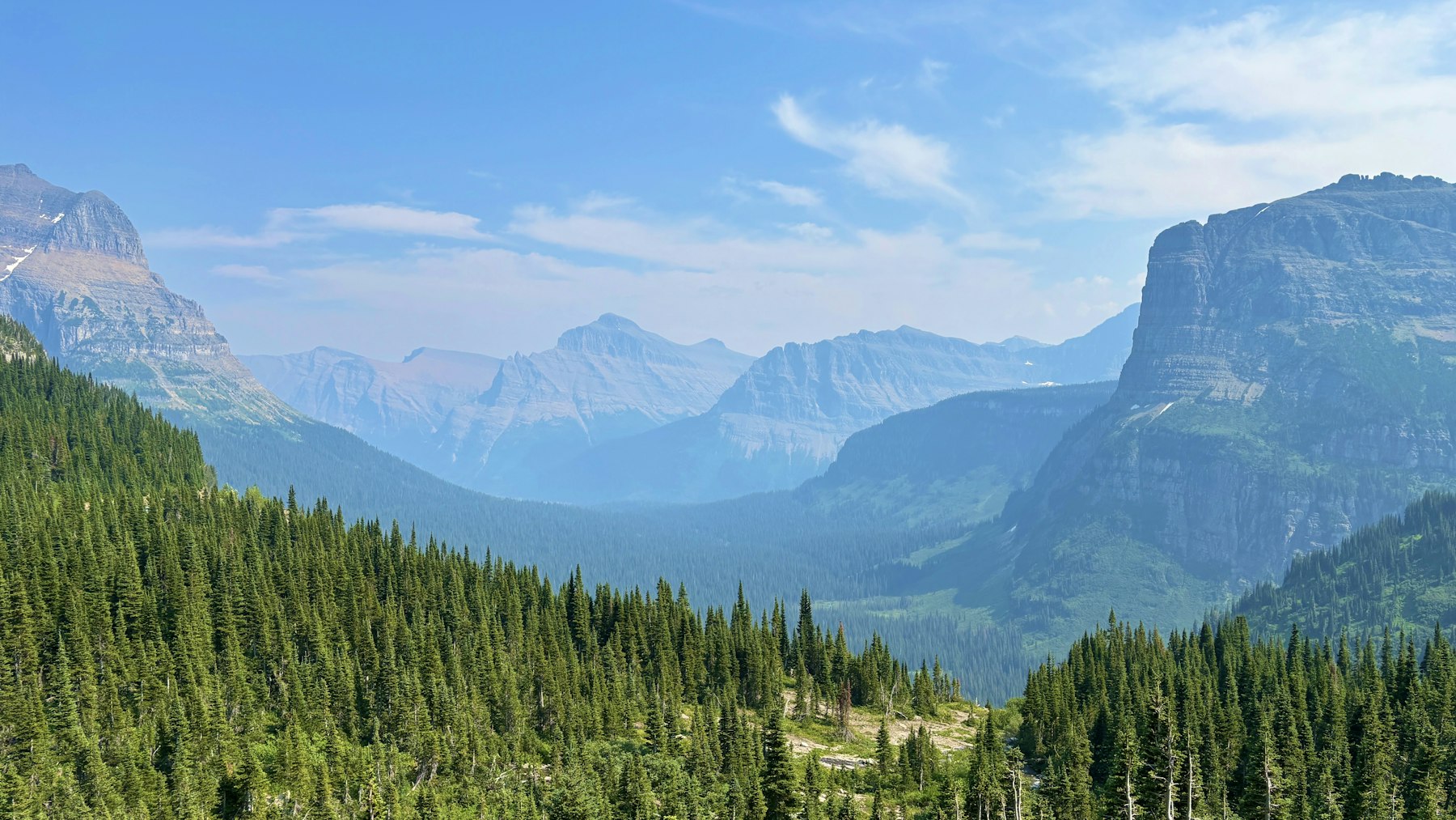 A wide alpine valley of forested slopes and blue peaks in Glacier National Park Montana