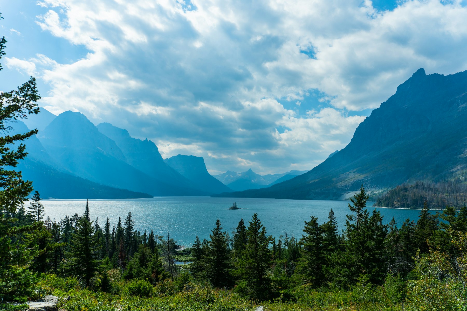 Saint Mary Lake ringed by mountains in Glacier National Park Montana