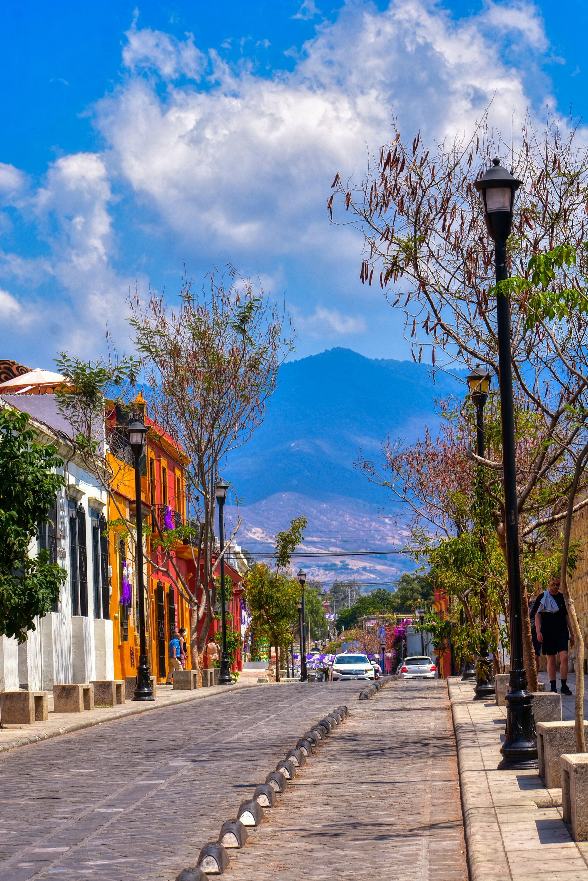 A colorful street in Oaxaca city with painted houses and a mountain behind the rooftops