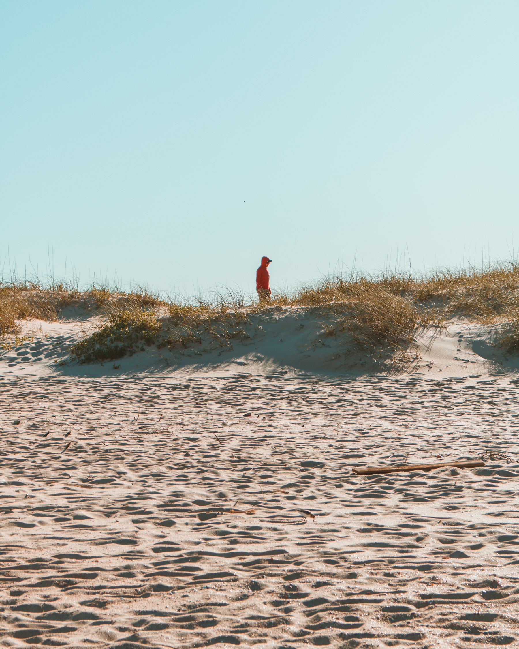 A person standing small against a tall bare sand dune ridge under a pale sky