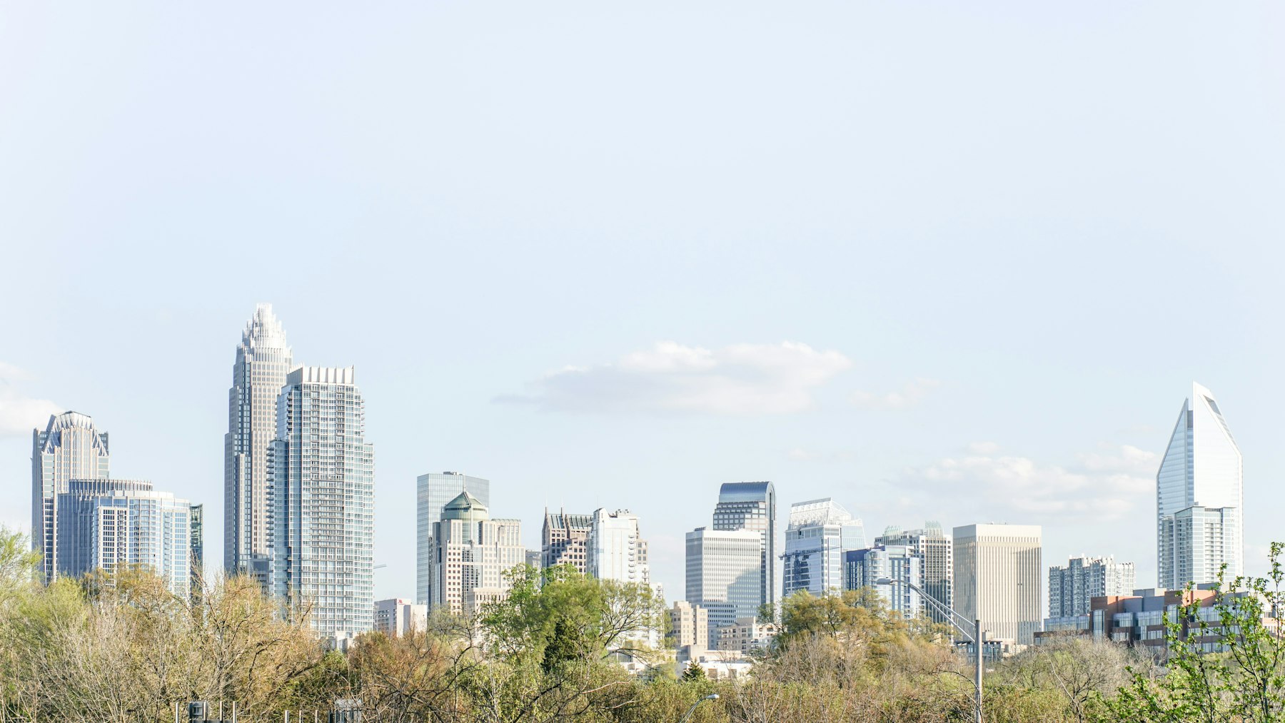 The downtown Charlotte North Carolina skyline seen above green trees