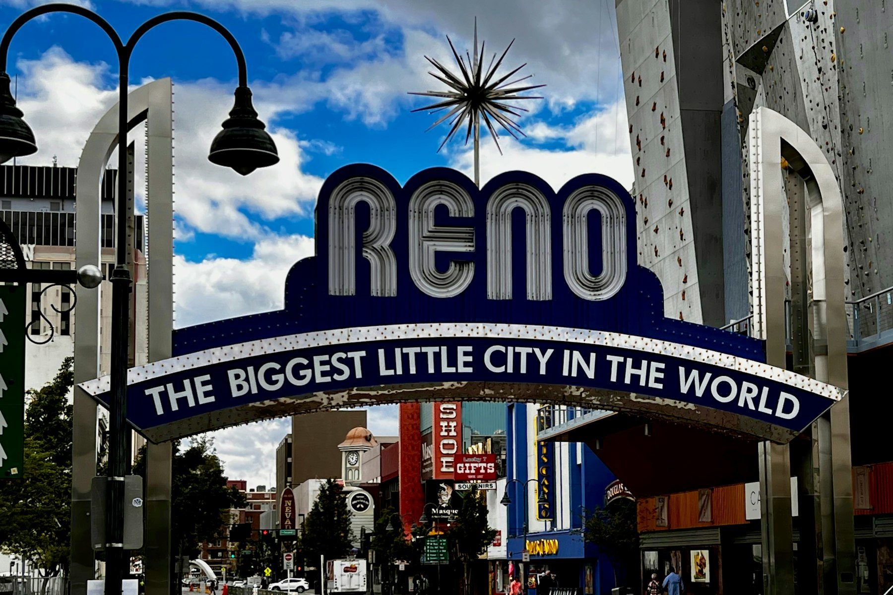 The Reno arch sign reading The Biggest Little City in the World over a downtown street