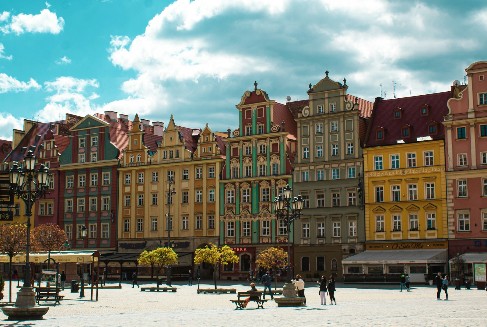 Painted gabled houses lining the market square in Wroclaw