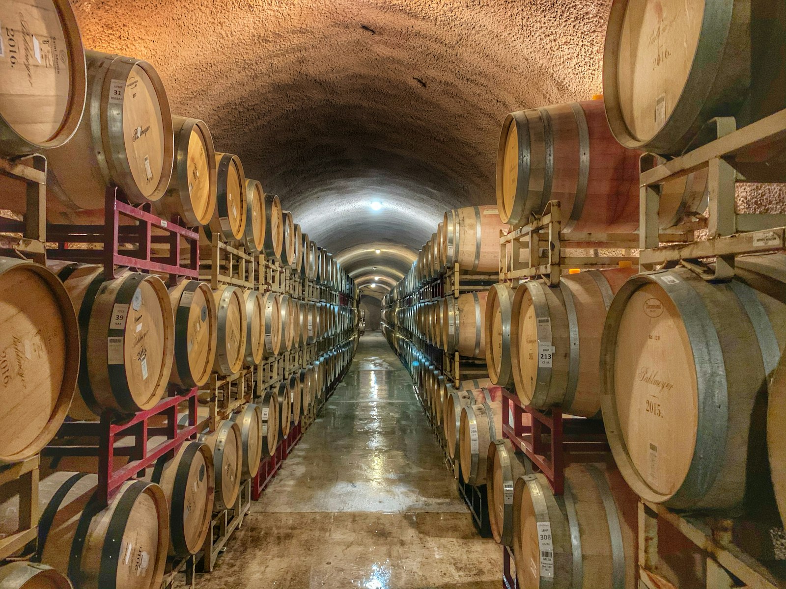 Rows of dark oak port wine barrels stacked in a cool stone cellar