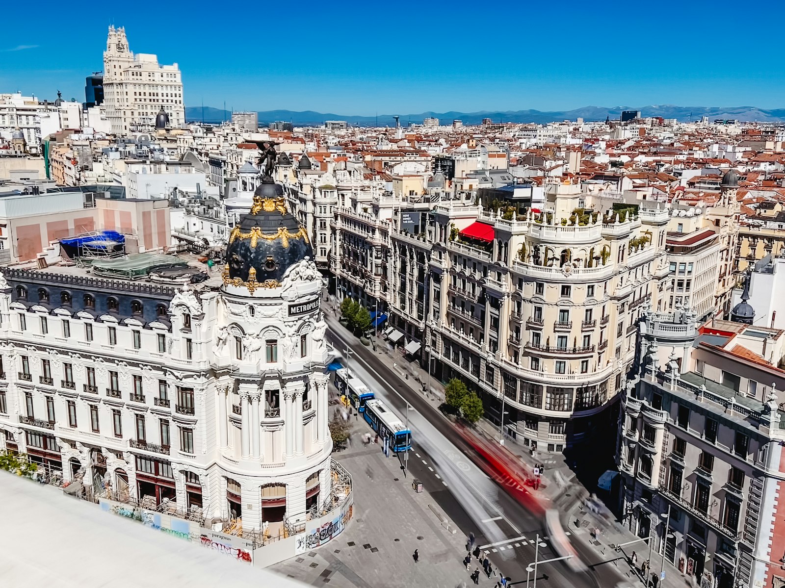 Rooftops and grand facades along the Gran Via in central Madrid