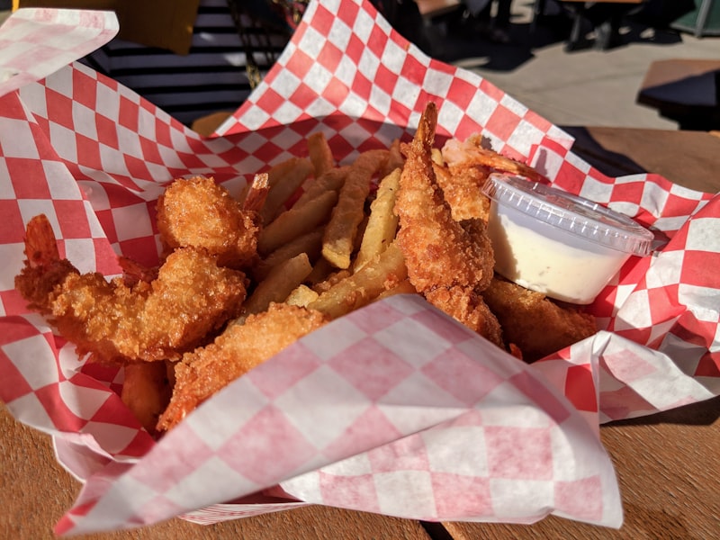 Battered and fried seafood served on a tray