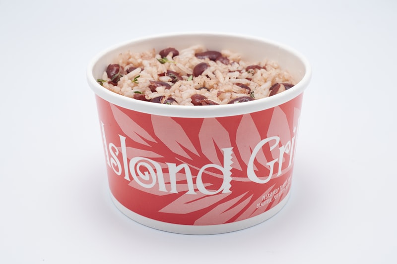 Rice cooked with beans served in a takeout container