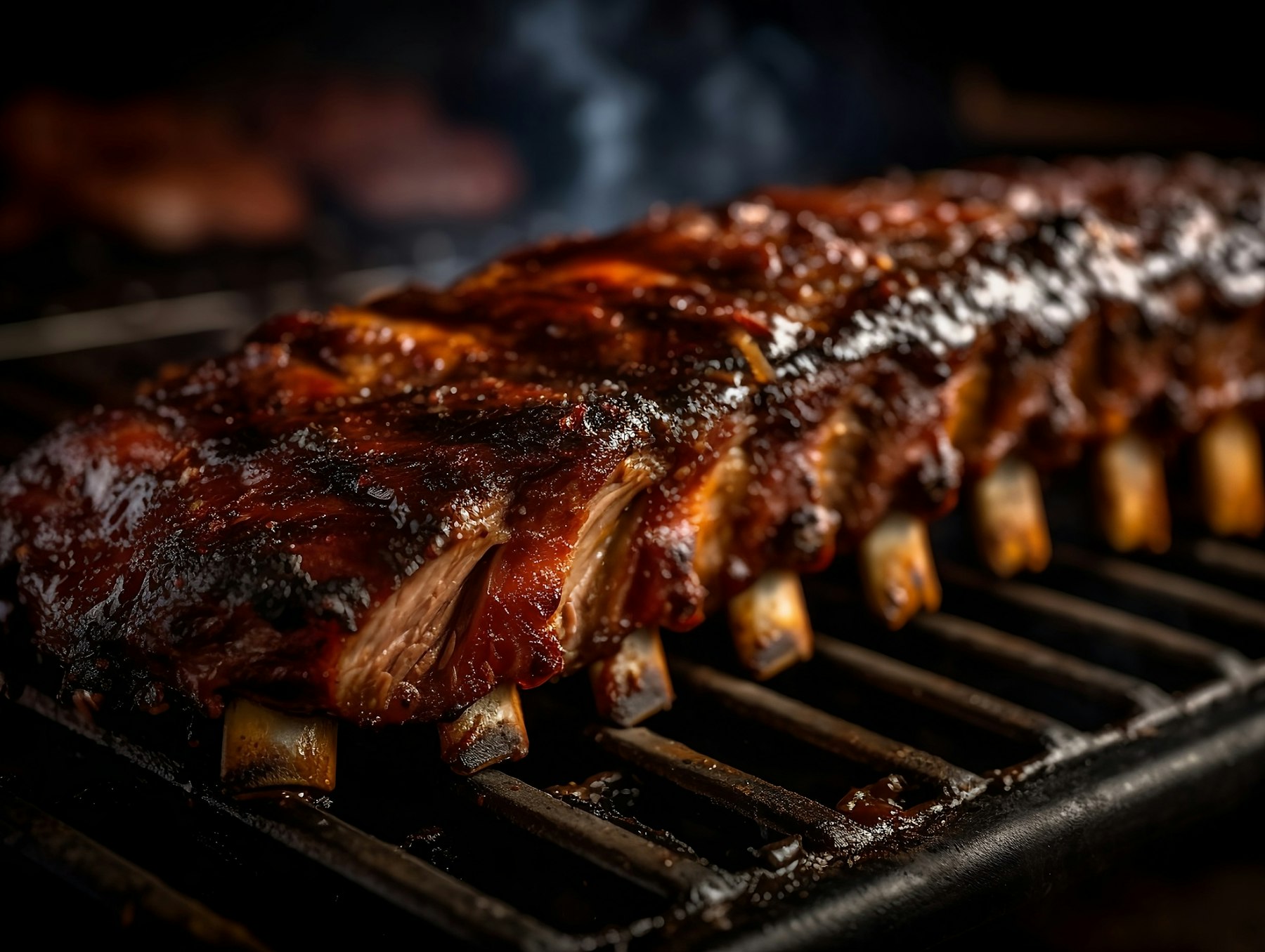A rack of barbecue pork ribs cooking over a grill