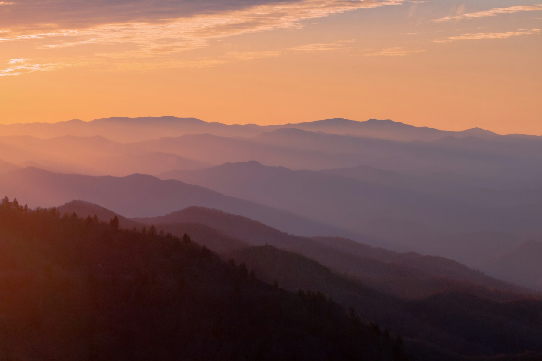 Layers of Smoky Mountain ridges at sunset fading into orange haze
