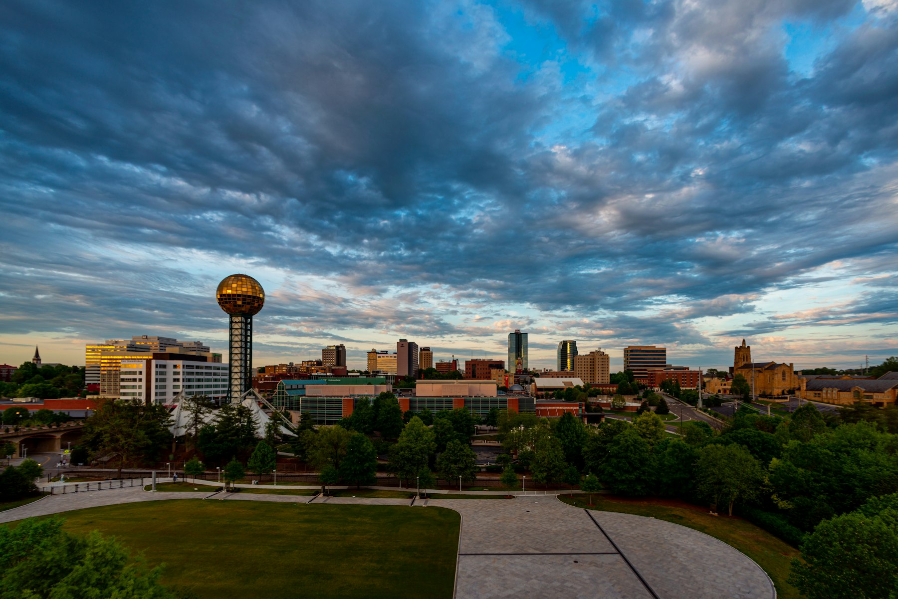The Sunsphere tower above Worlds Fair Park and the Knoxville Tennessee skyline