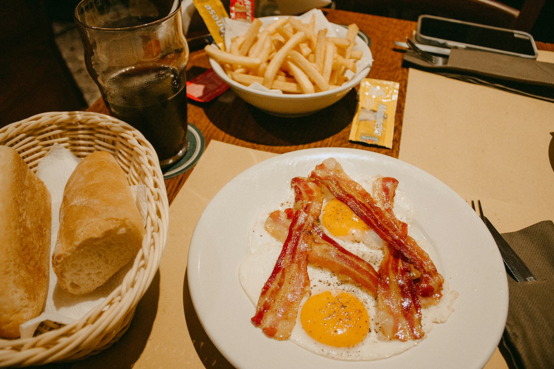 A plate of bacon and eggs at an American diner breakfast