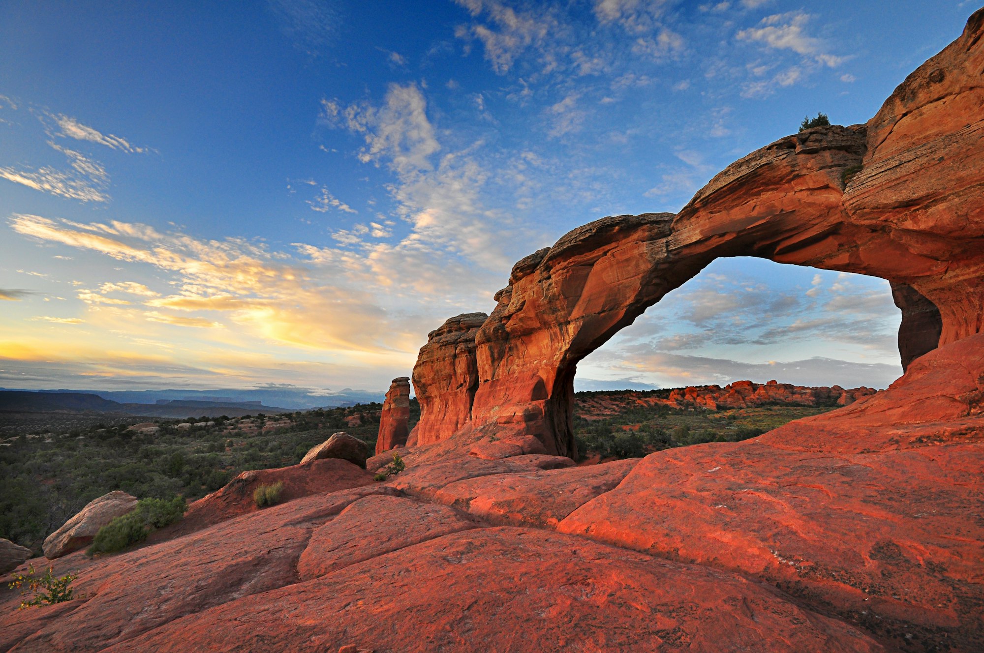 Sandstone arches and fins under a wide evening sky in Arches National Park Utah