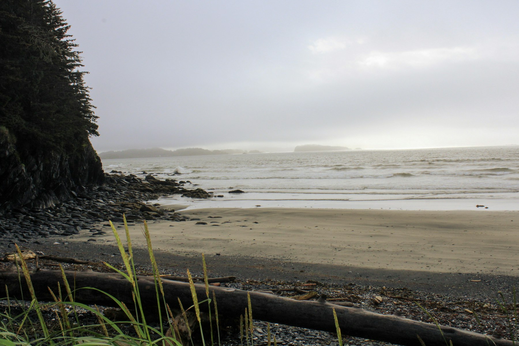 A wide flat sand beach with driftwood and low fog on the Long Beach Peninsula