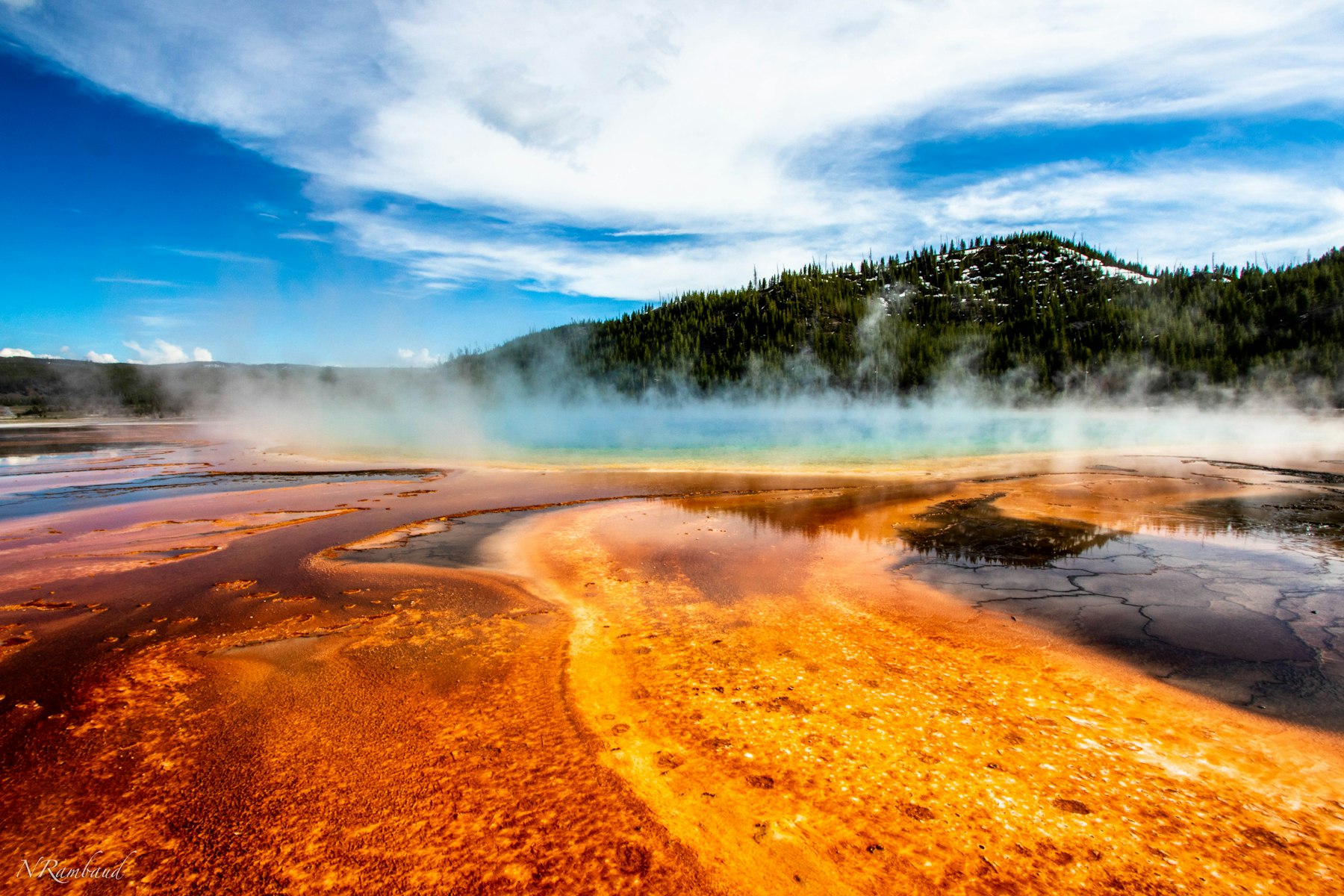 Steam rising off the coloured runoff of a Yellowstone hot spring with forest and mountains behind
