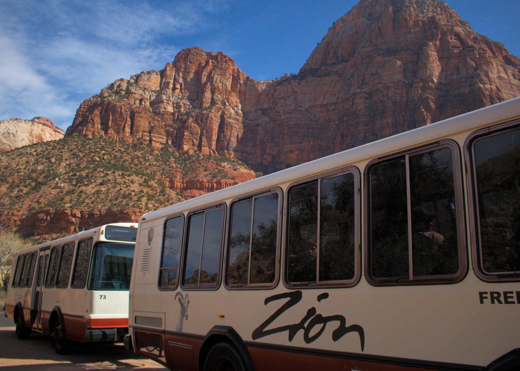 A Zion National Park shuttle bus parked below the red cliffs of Zion Canyon