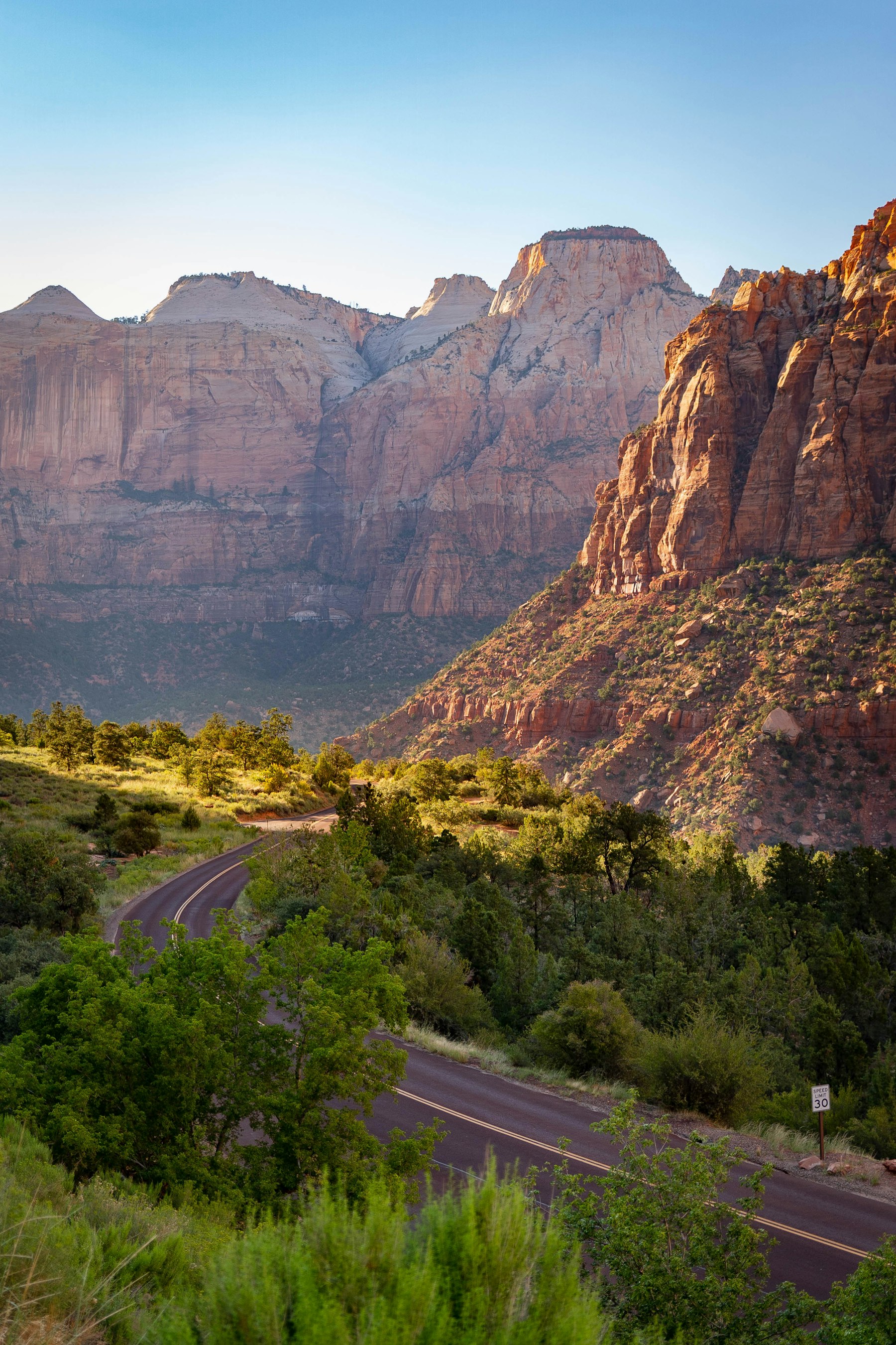 An empty road curving through Zion Canyon between towering sandstone walls