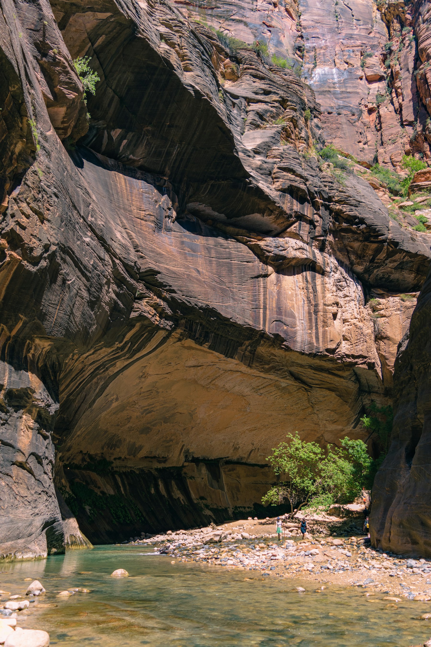 Hikers dwarfed by a huge curving sandstone wall above the Virgin River in Zion