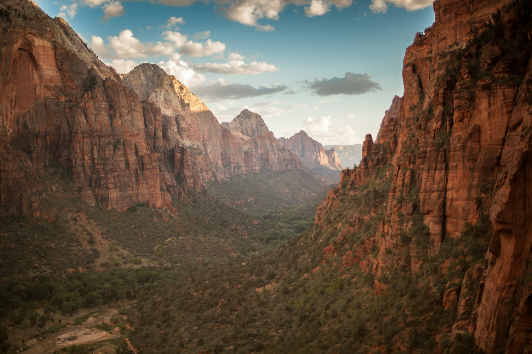 Zion Canyon at sunrise with red sandstone walls rising on both sides of the valley floor